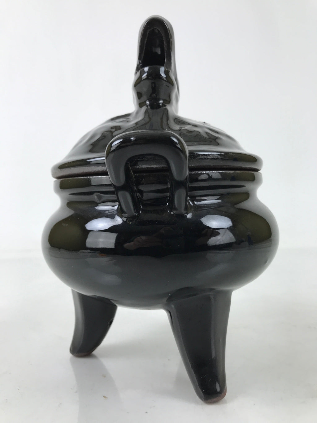 Japanese Buddhist Altar Ceramic Incense Burner Koro Vtg Black Dragon Brown BA544