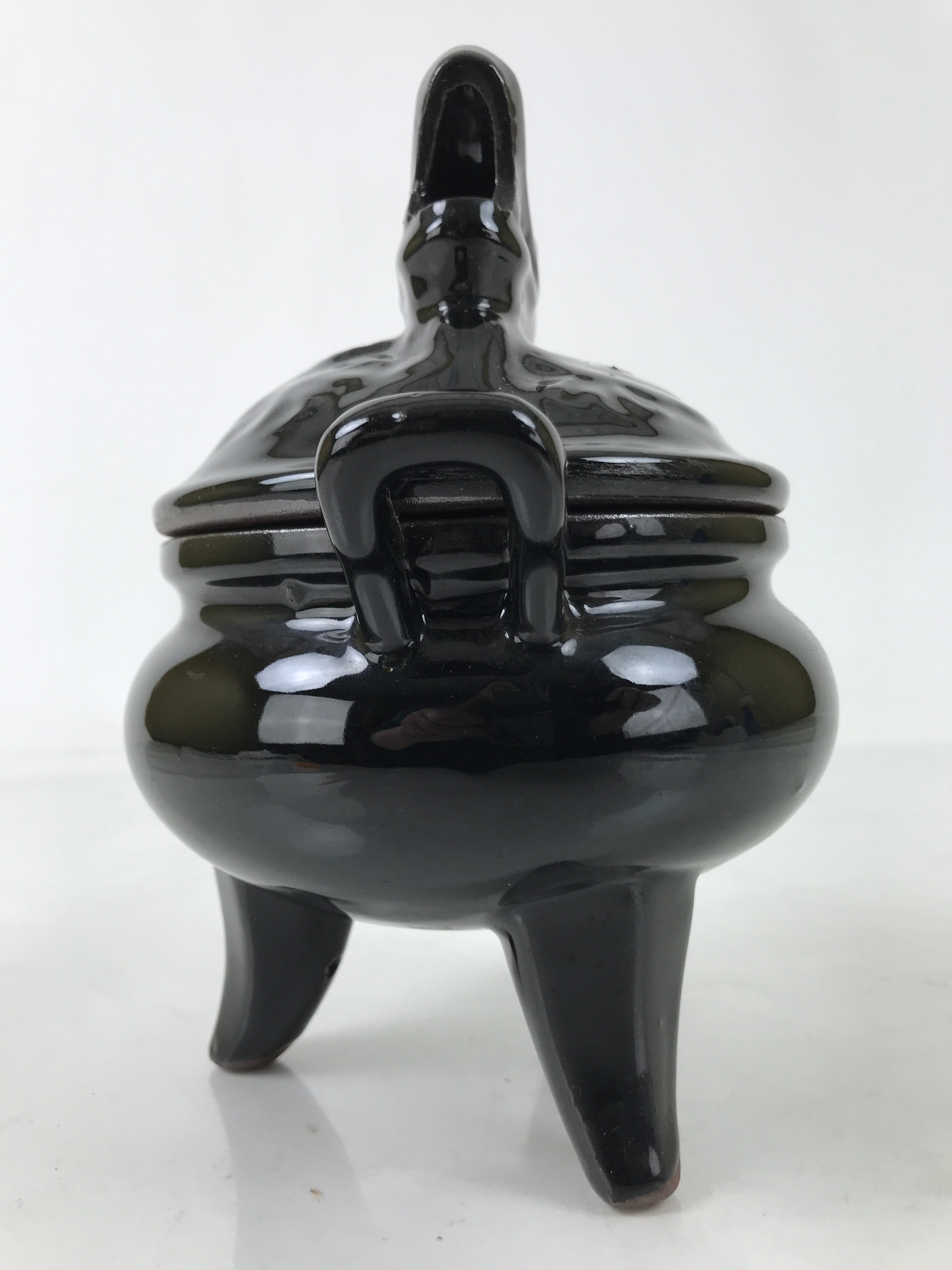 Japanese Buddhist Altar Ceramic Incense Burner Koro Vtg Black Dragon Brown BA544