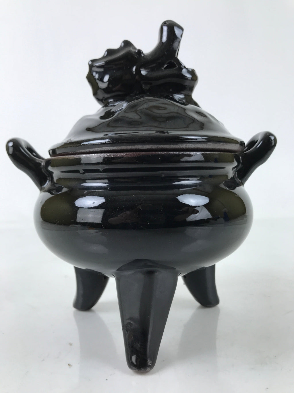 Japanese Buddhist Altar Ceramic Incense Burner Koro Vtg Black Dragon Brown BA544