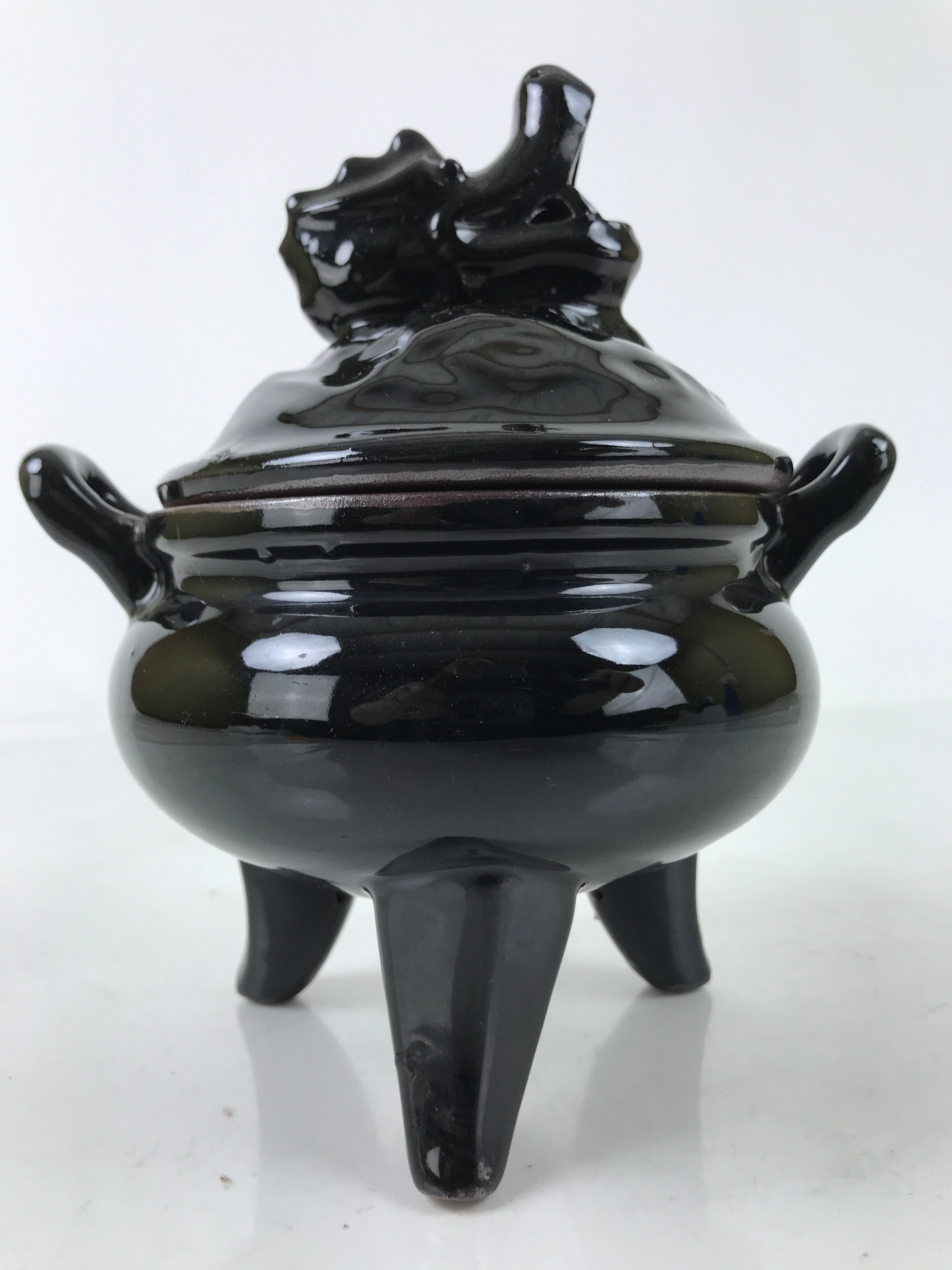 Japanese Buddhist Altar Ceramic Incense Burner Koro Vtg Black Dragon Brown BA544