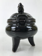Japanese Buddhist Altar Ceramic Incense Burner Koro Vtg Black Dragon Brown BA544