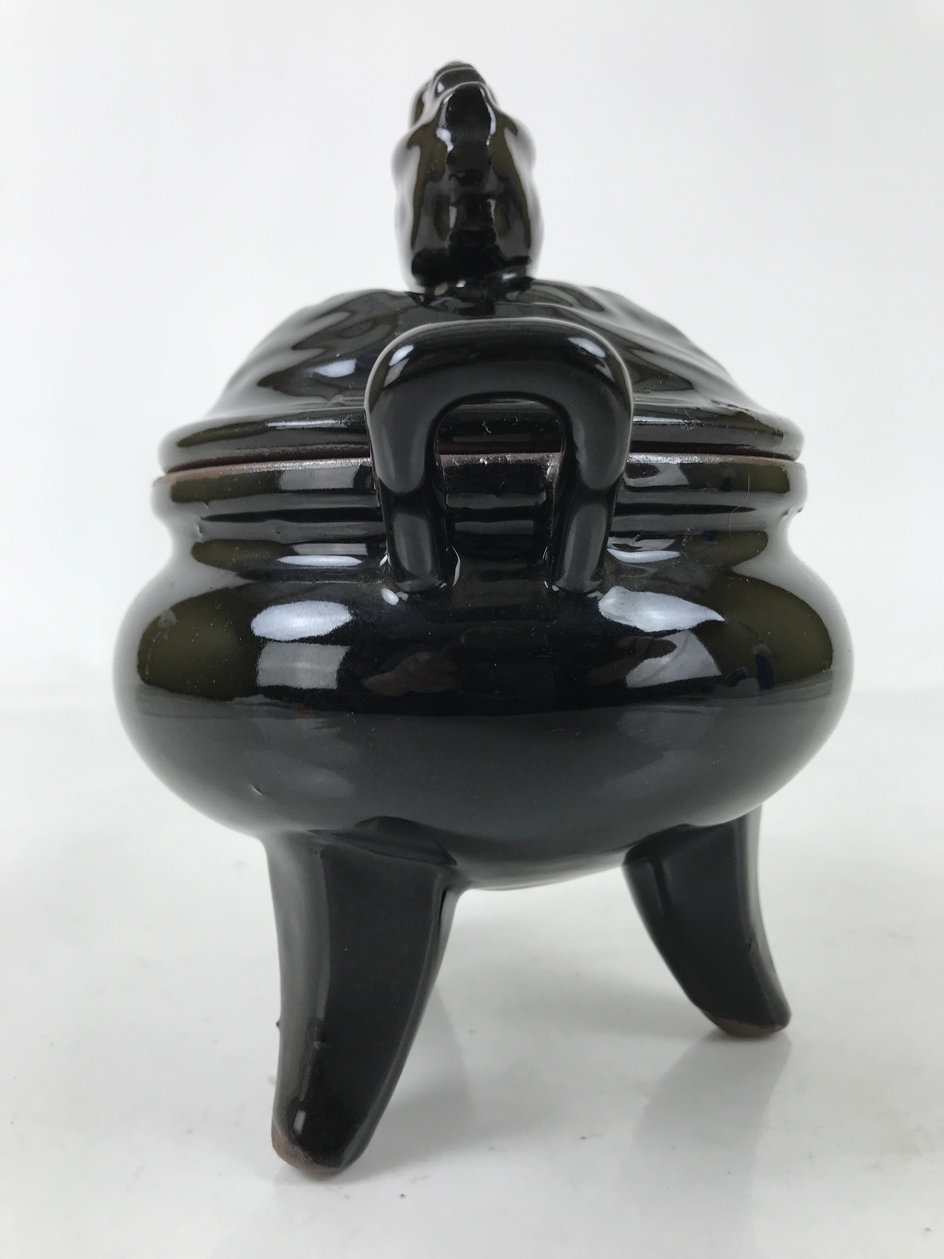 Japanese Buddhist Altar Ceramic Incense Burner Koro Vtg Black Dragon Brown BA544