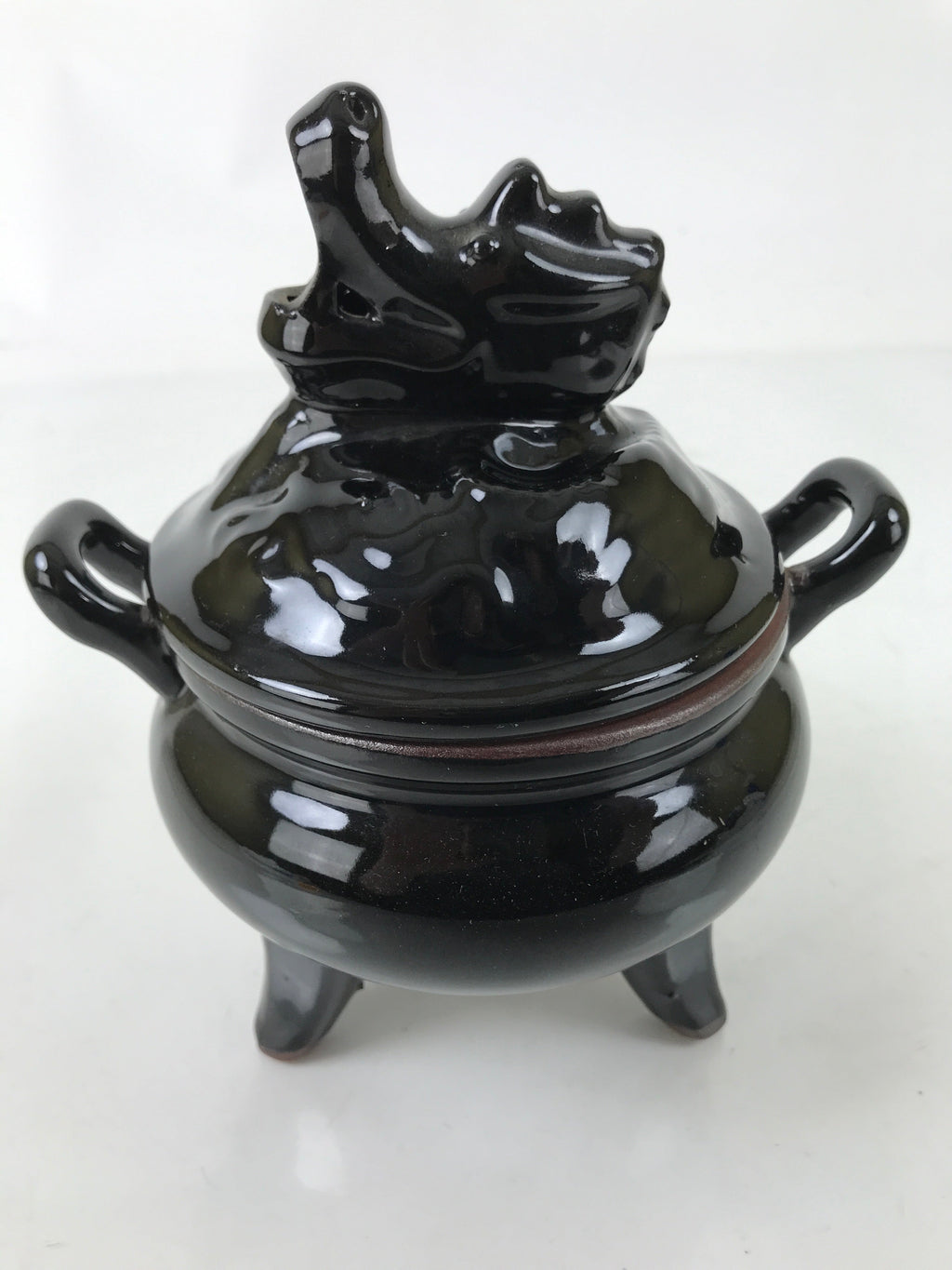 Japanese Buddhist Altar Ceramic Incense Burner Koro Vtg Black Dragon Brown BA544