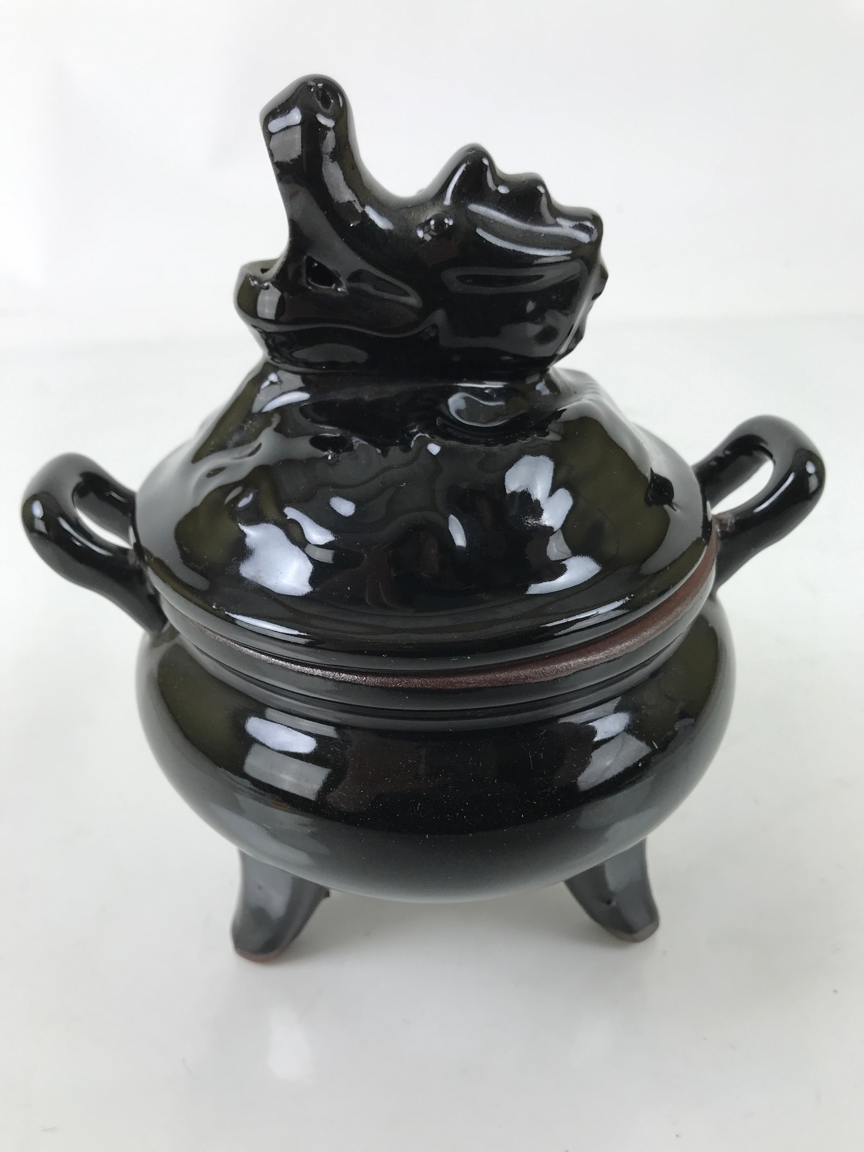 Japanese Buddhist Altar Ceramic Incense Burner Koro Vtg Black Dragon Brown BA544
