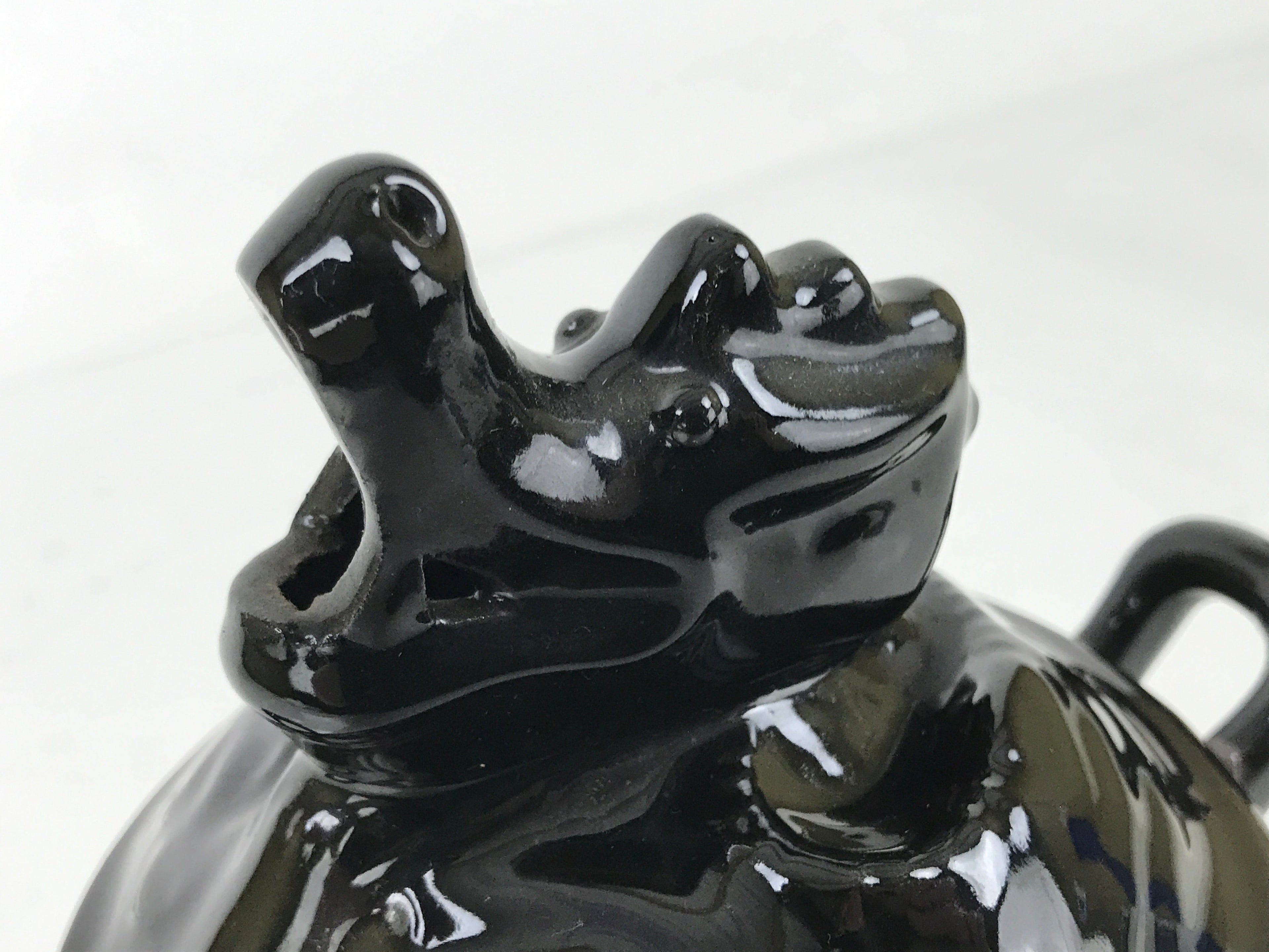 Japanese Buddhist Altar Ceramic Incense Burner Koro Vtg Black Dragon Brown BA544