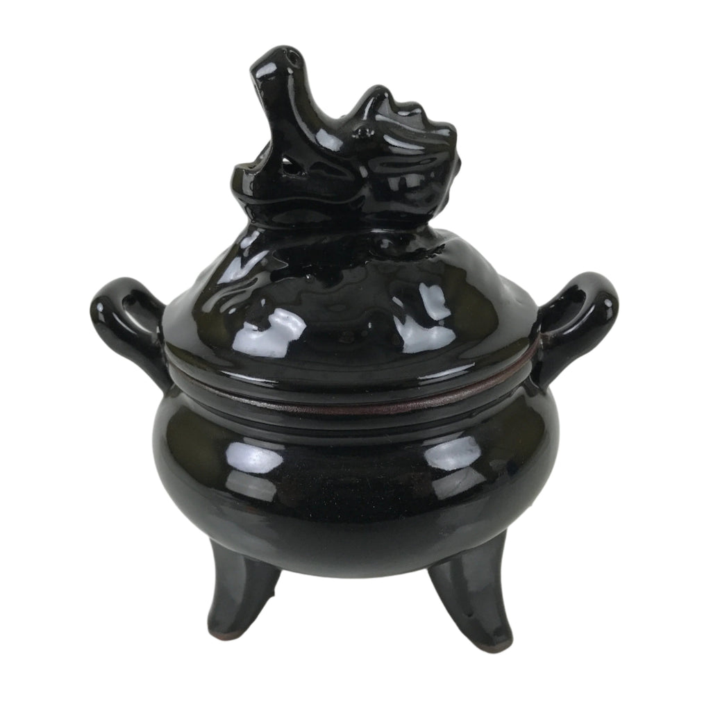 Japanese Buddhist Altar Ceramic Incense Burner Koro Vtg Black Dragon Brown BA544