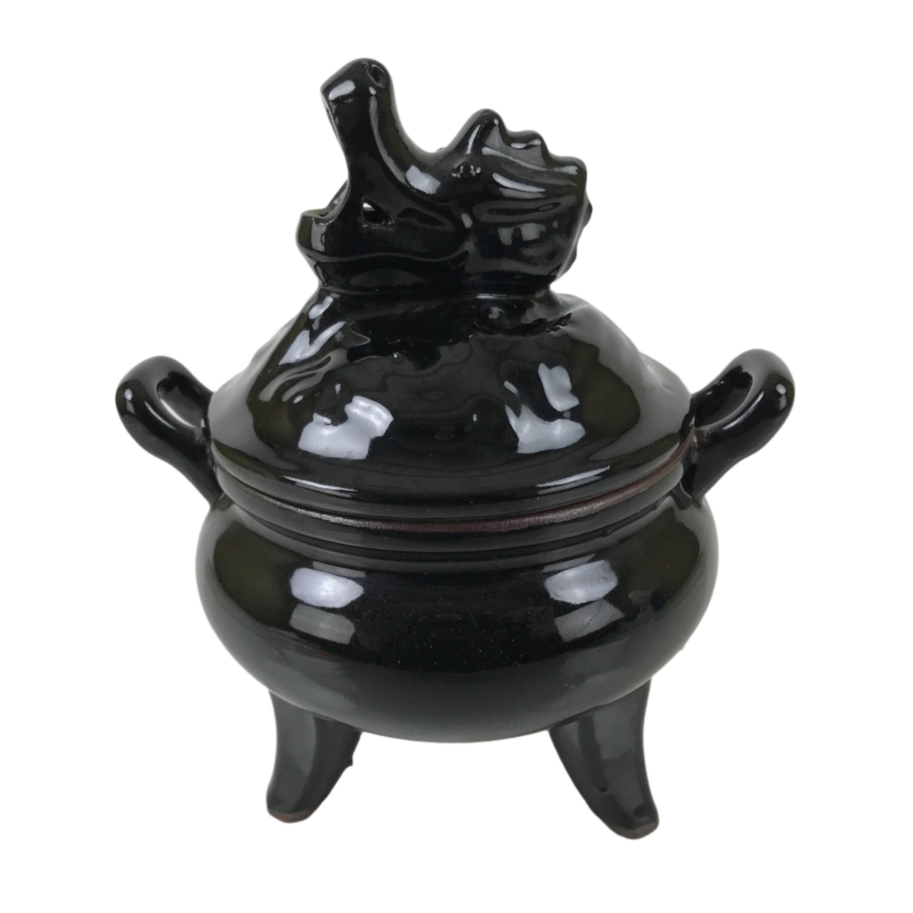 Japanese Buddhist Altar Ceramic Incense Burner Koro Vtg Black Dragon Brown BA544