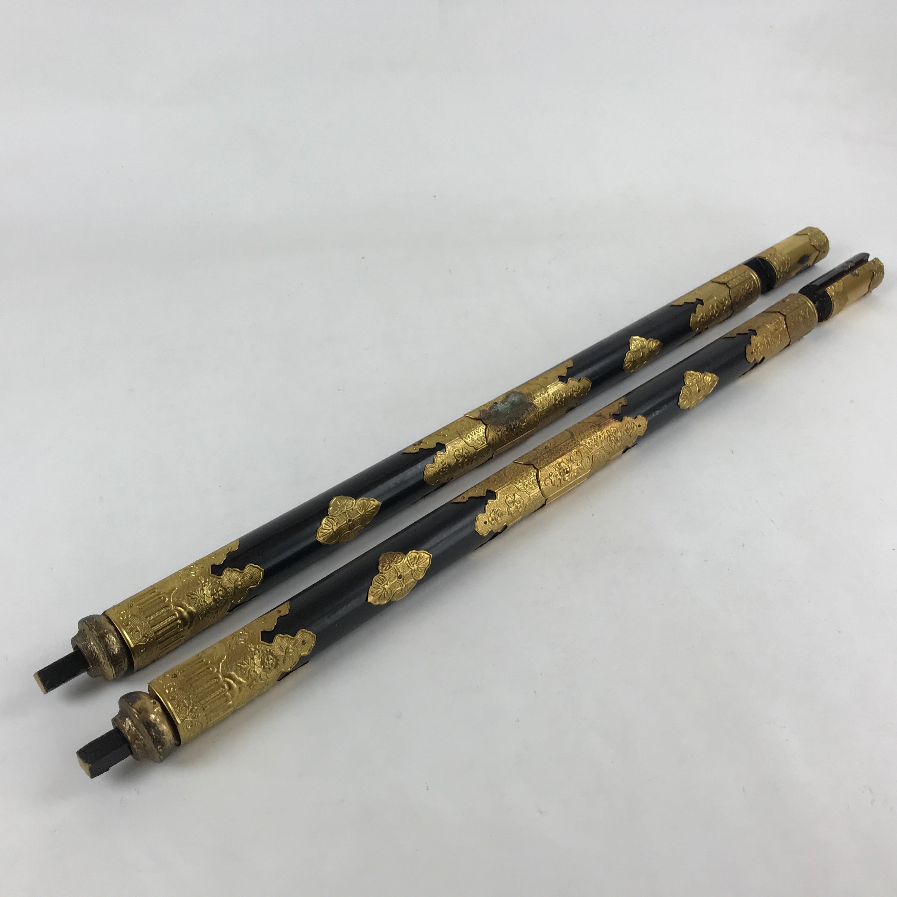 Japanese Buddhist Altar Decorative Cylinders Vtg 2 Pieces Set Gold Gilt BA12