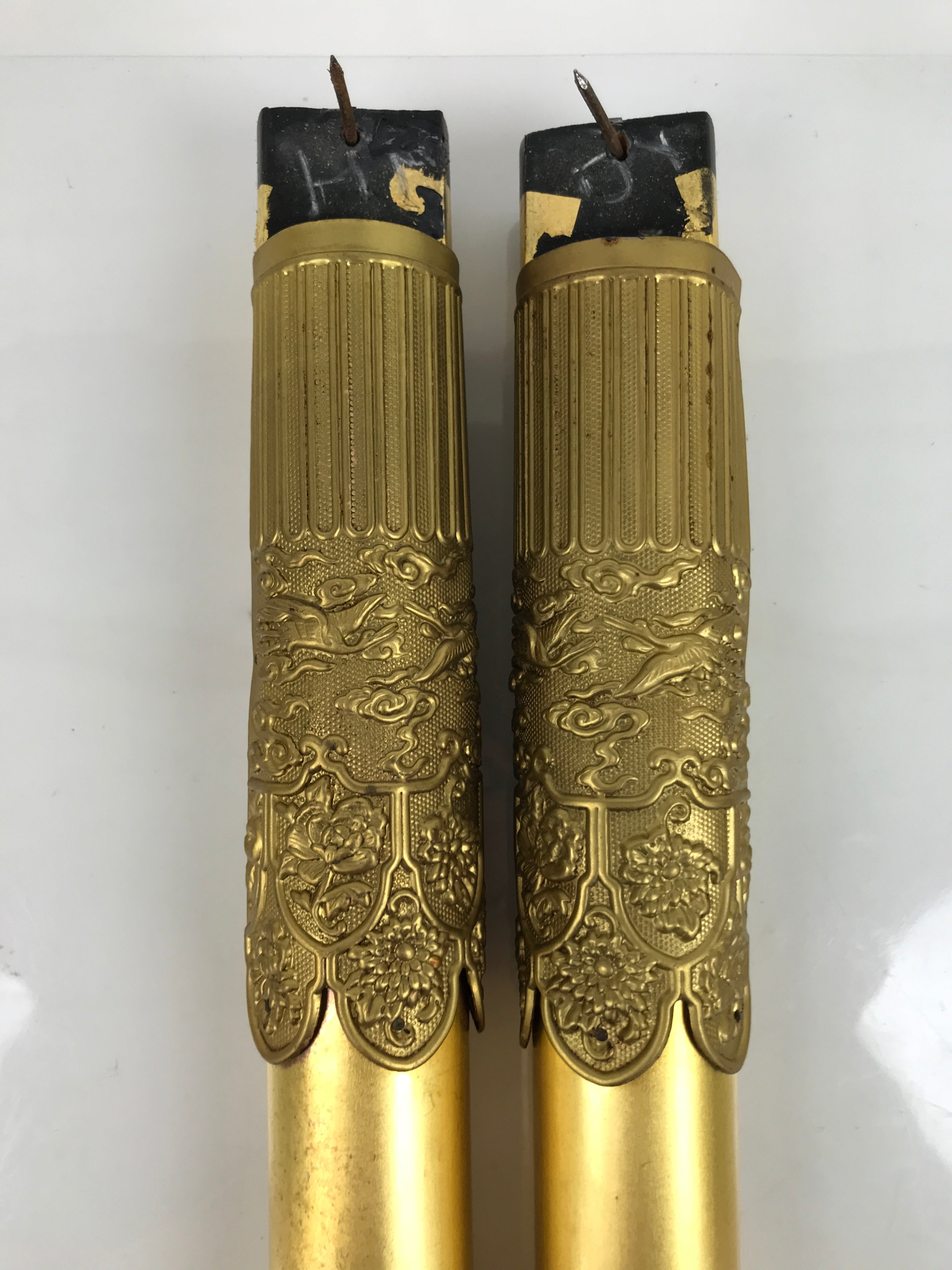 Japanese Buddhist Altar Decorative Large Pillars Cylinders 2pc Brass Gold BA434