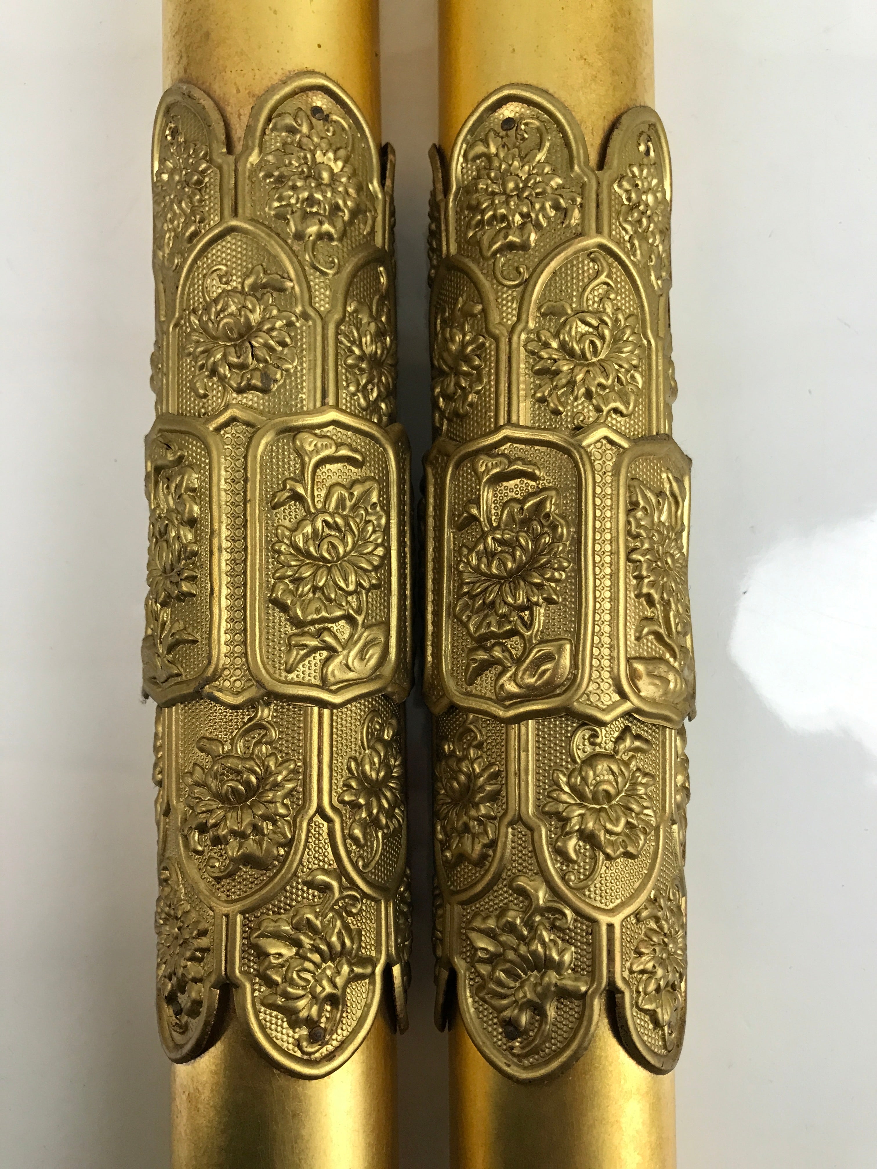 Japanese Buddhist Altar Decorative Large Pillars Cylinders 2pc Brass Gold BA434