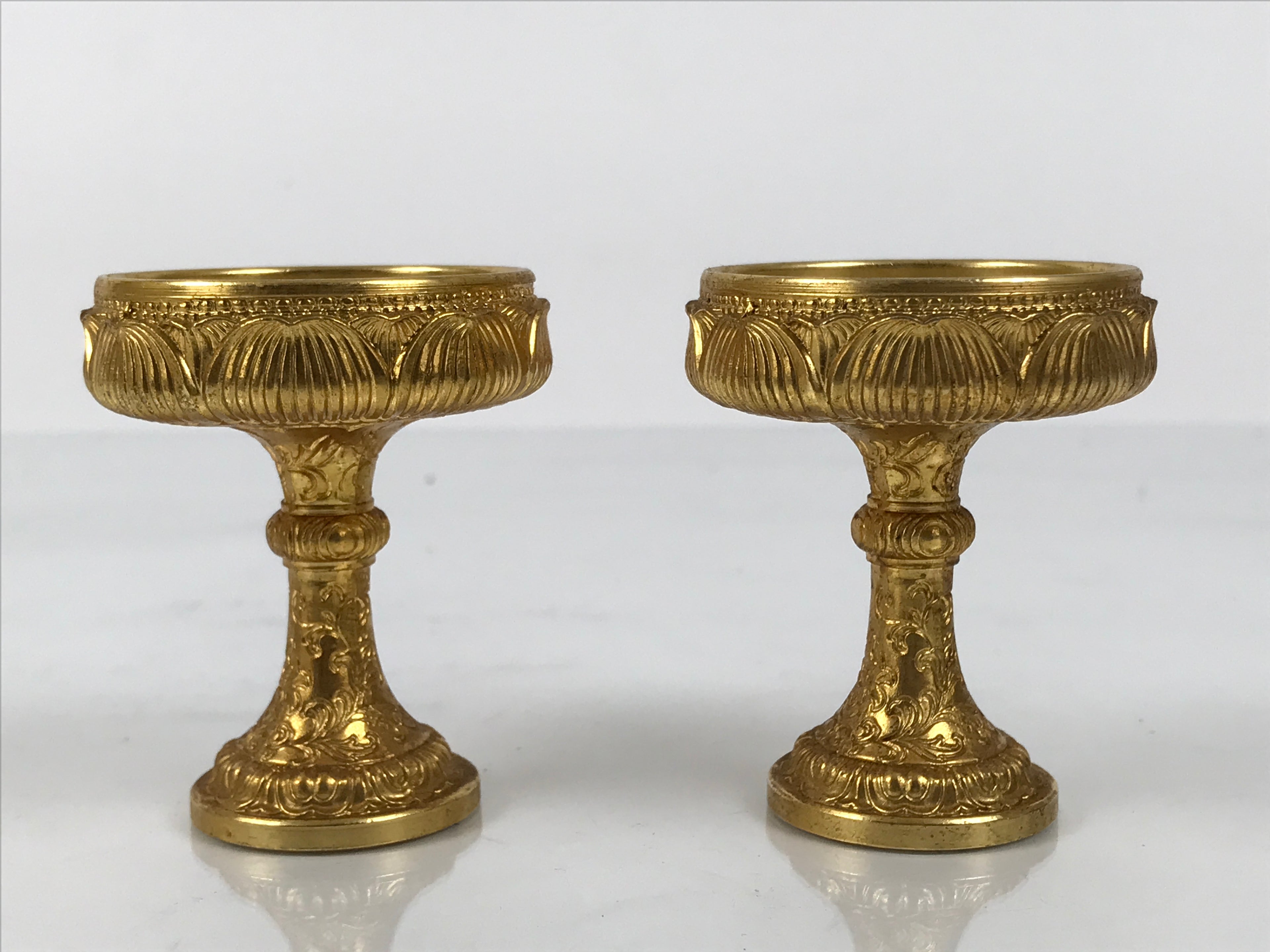 Japanese Buddhist Altar Fitting 24KGP Rice Offering Cup Vtg Gold 2pc Lotus BA762