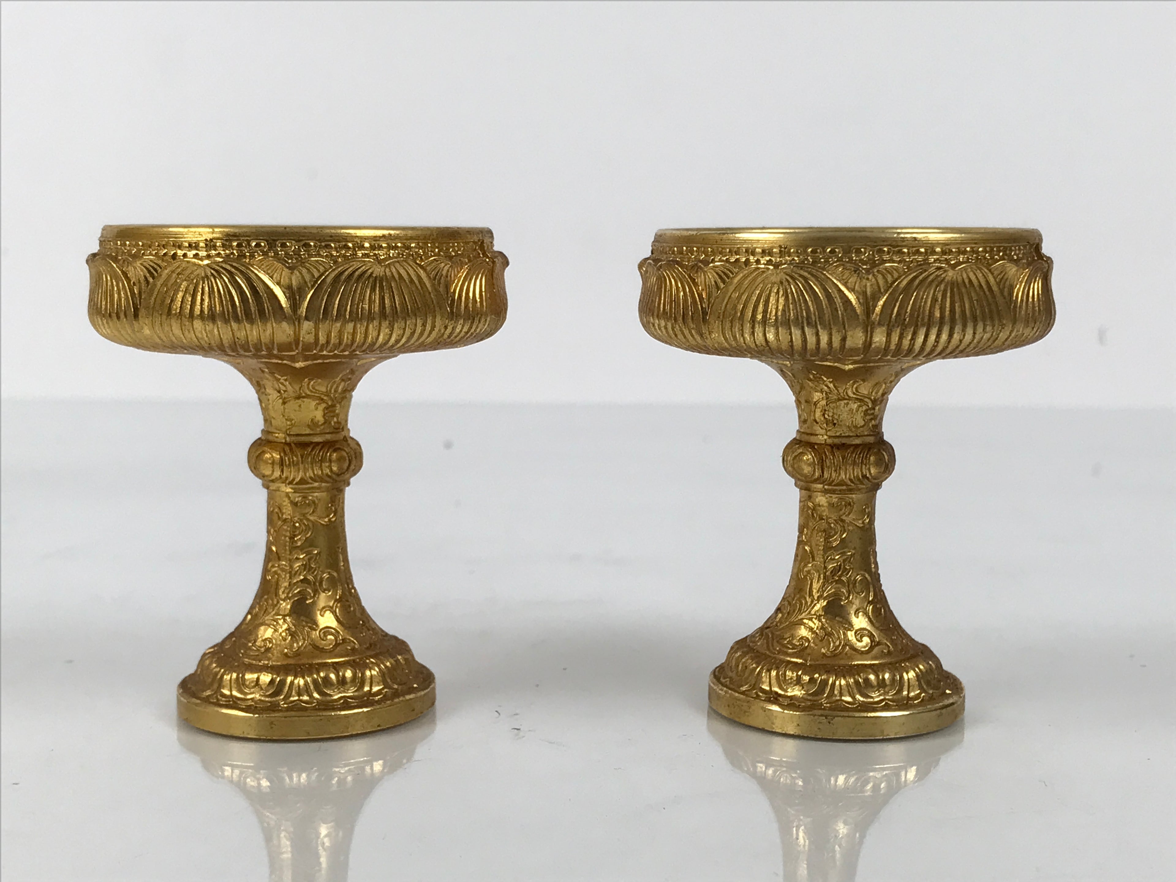 Japanese Buddhist Altar Fitting 24KGP Rice Offering Cup Vtg Gold 2pc Lotus BA762