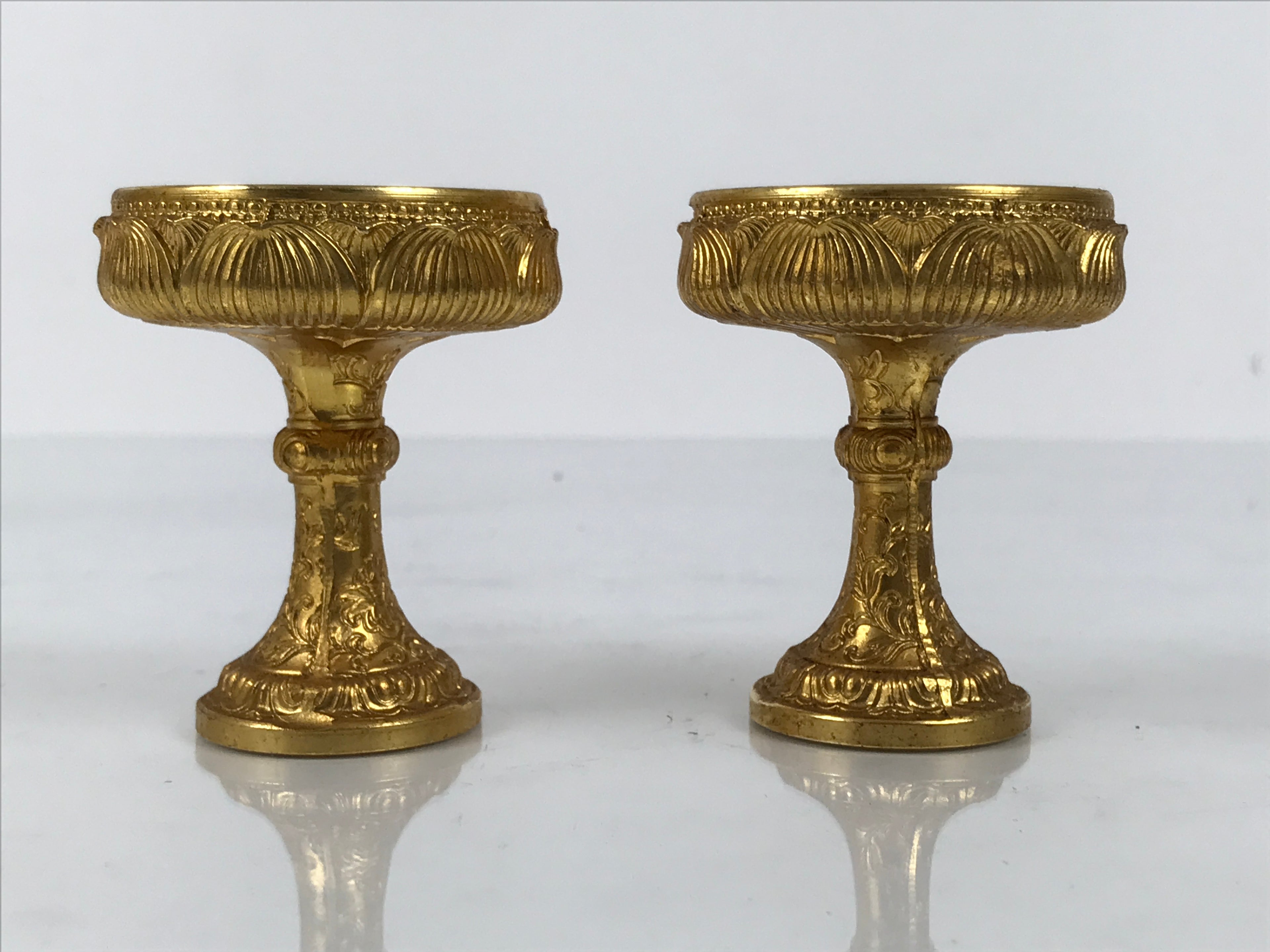 Japanese Buddhist Altar Fitting 24KGP Rice Offering Cup Vtg Gold 2pc Lotus BA762