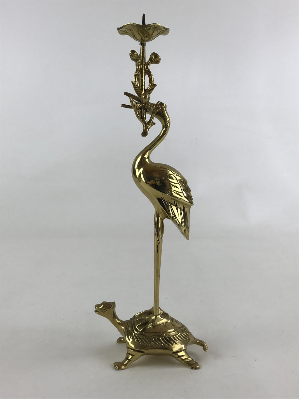 Japanese Buddhist Altar Fitting Brass Candle Stand Vtg Crane Shokudai BA49