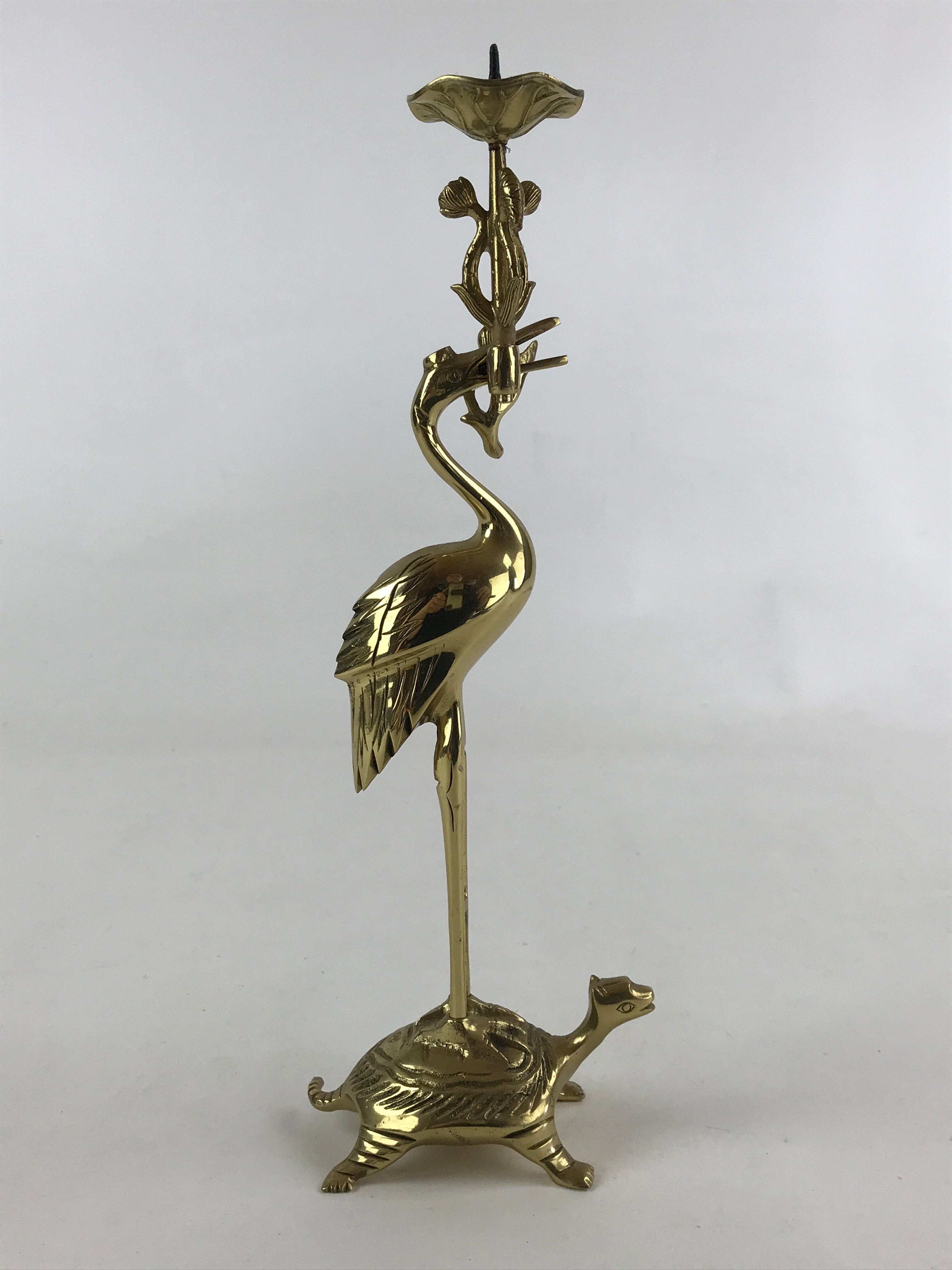 Japanese Buddhist Altar Fitting Brass Candle Stand Vtg Crane Shokudai BA49