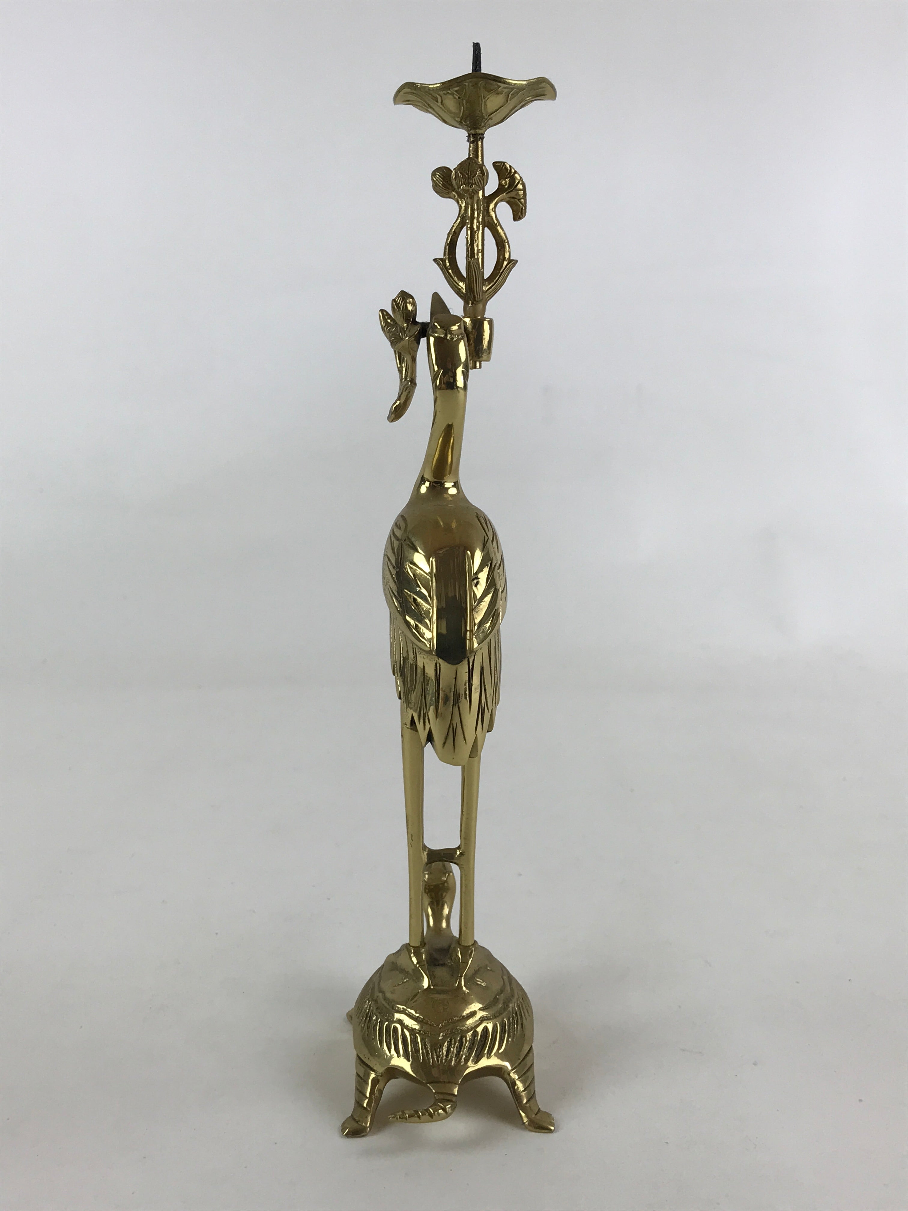 Japanese Buddhist Altar Fitting Brass Candle Stand Vtg Crane Shokudai BA49