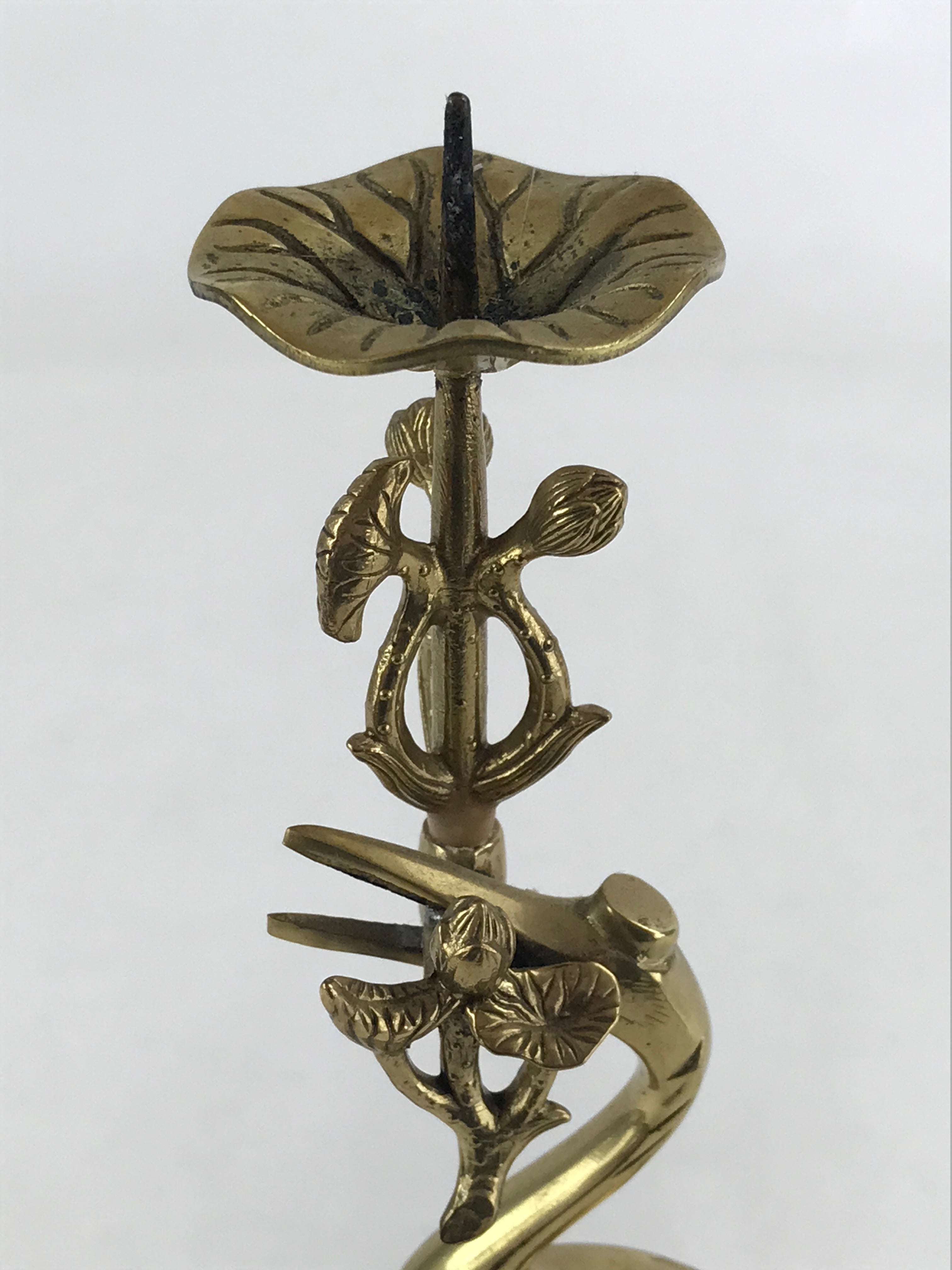 Japanese Buddhist Altar Fitting Brass Candle Stand Vtg Crane Shokudai BA49