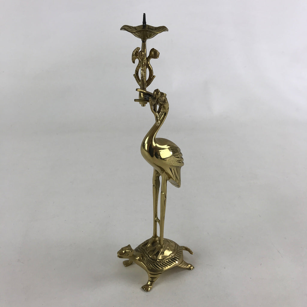 Japanese Buddhist Altar Fitting Brass Candle Stand Vtg Crane Shokudai BA49