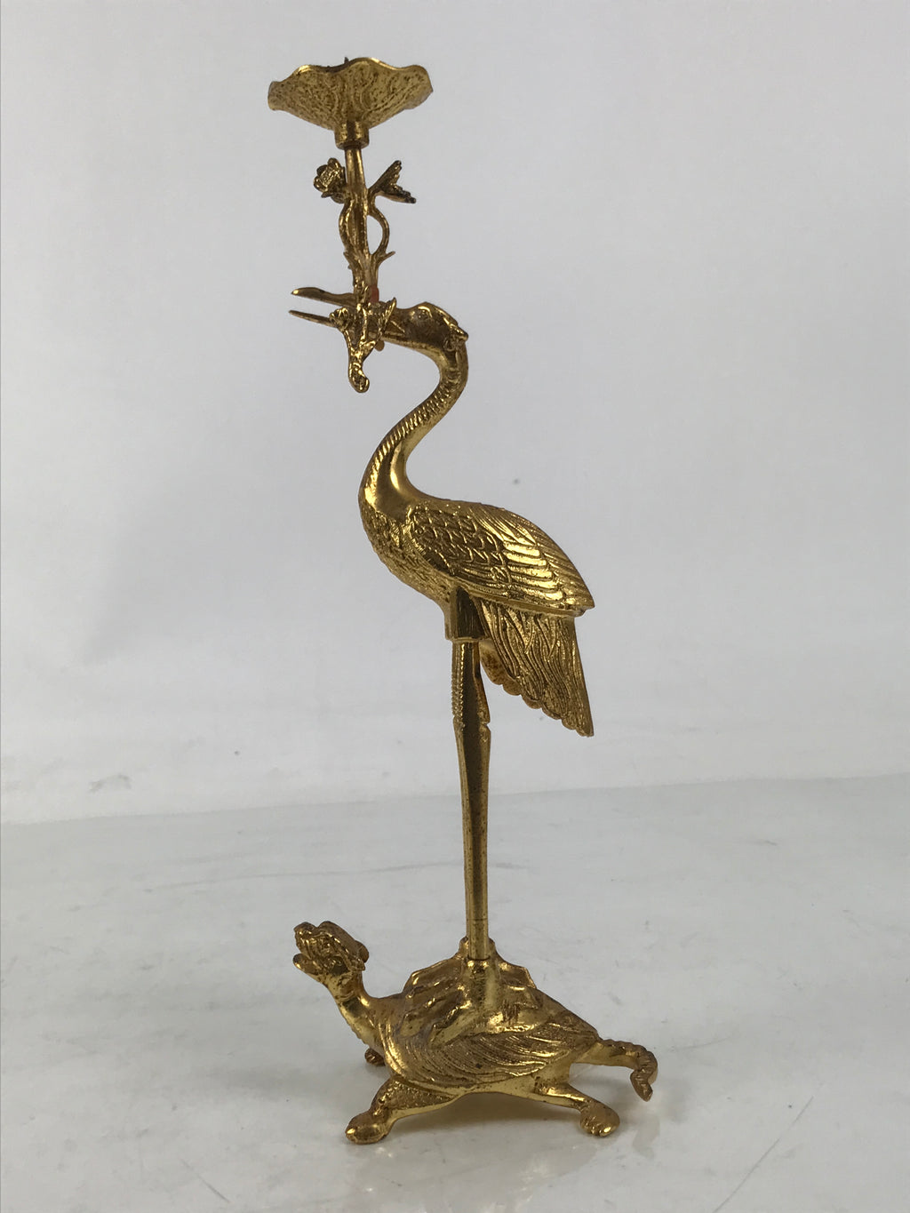 Japanese Buddhist Altar Fitting Brass Candle Stand Vtg Crane Shokudai BA646
