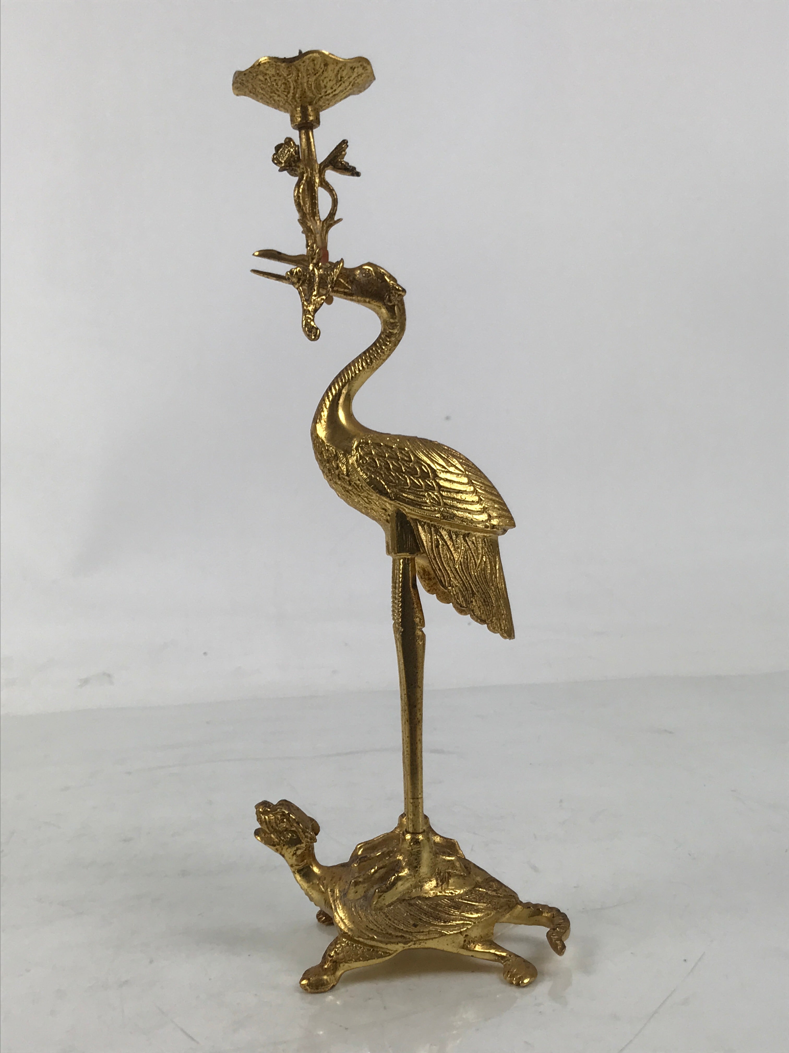Japanese Buddhist Altar Fitting Brass Candle Stand Vtg Crane Shokudai BA646