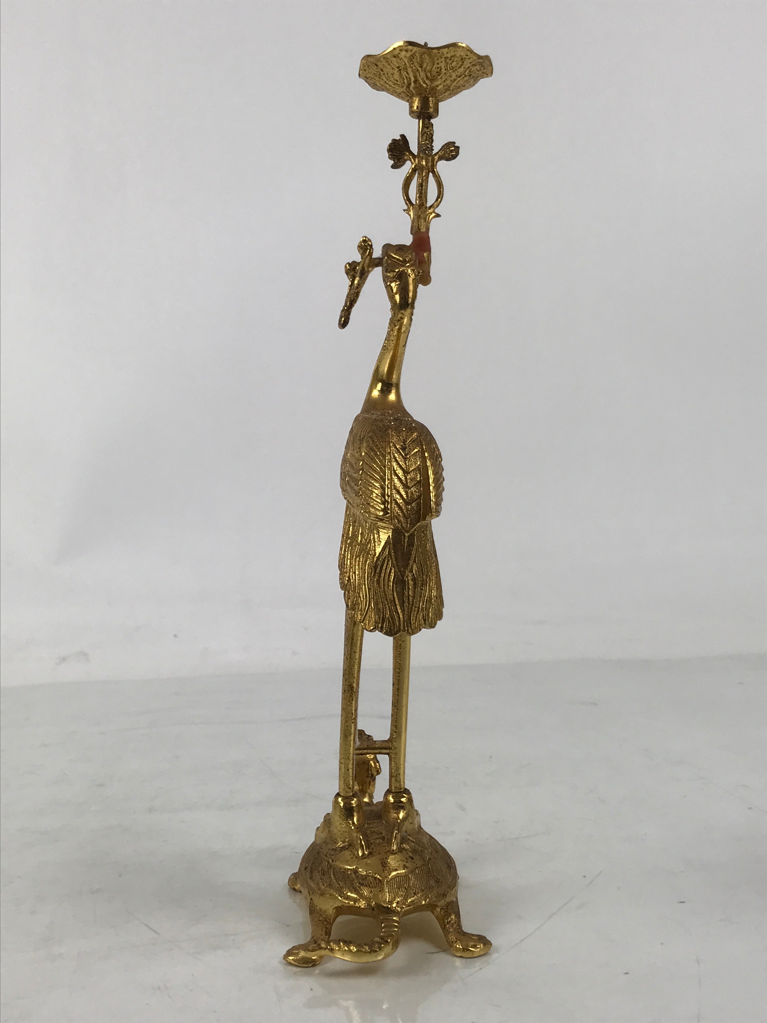 Japanese Buddhist Altar Fitting Brass Candle Stand Vtg Crane Shokudai BA646