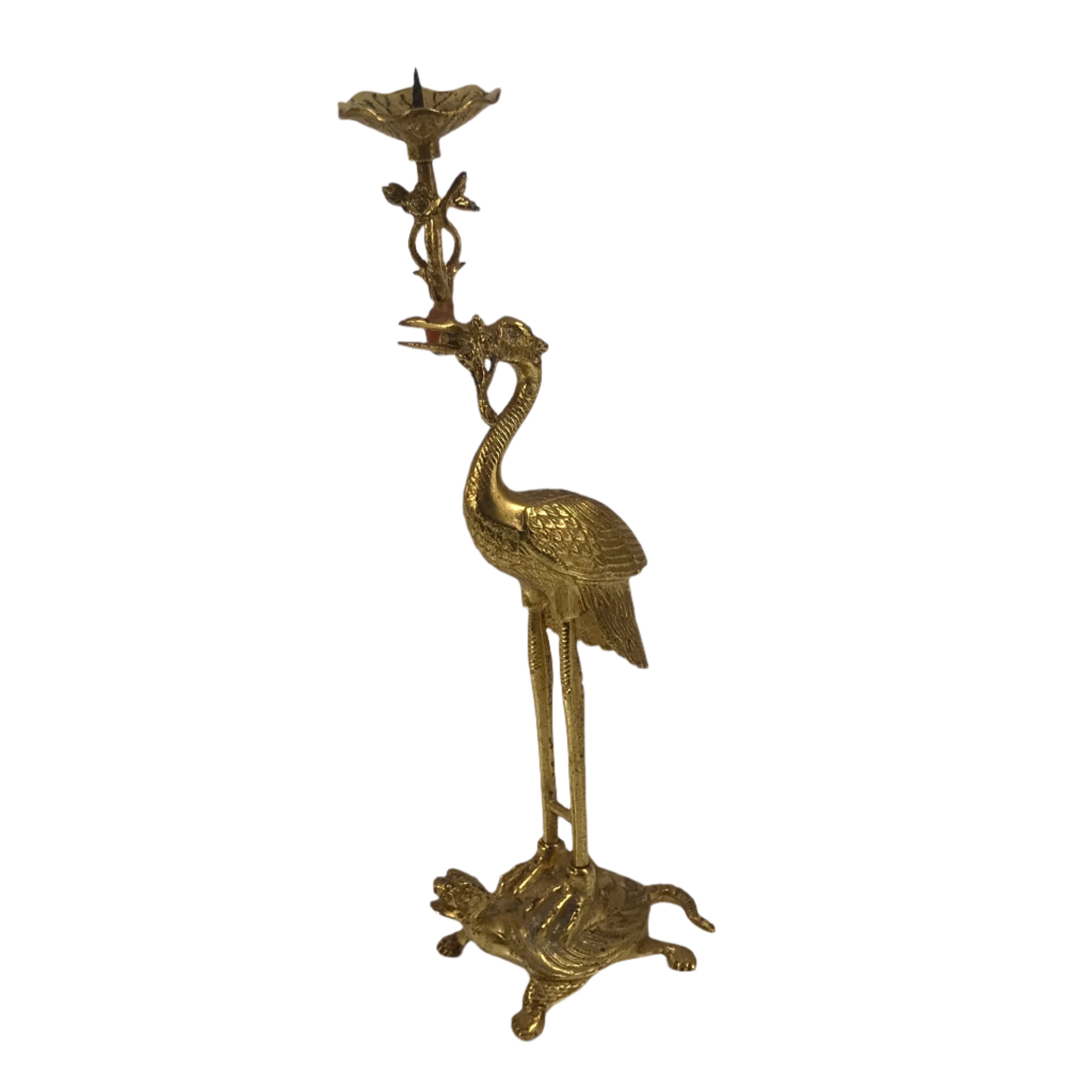 Japanese Buddhist Altar Fitting Brass Candle Stand Vtg Crane Shokudai BA646
