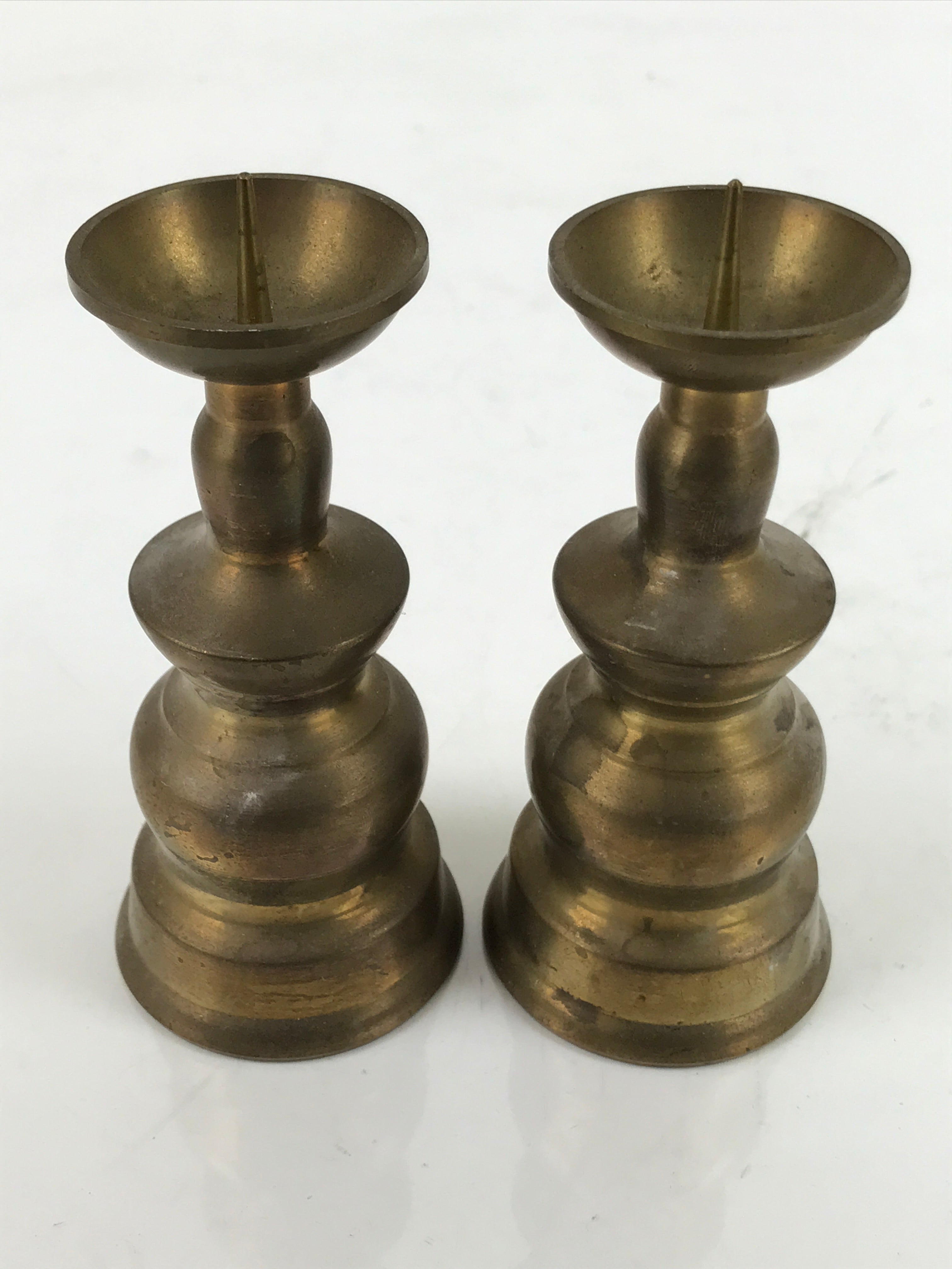 Japanese Buddhist Altar Fitting Brass Candle Stand Vtg Small Shokudai 2pc BA317