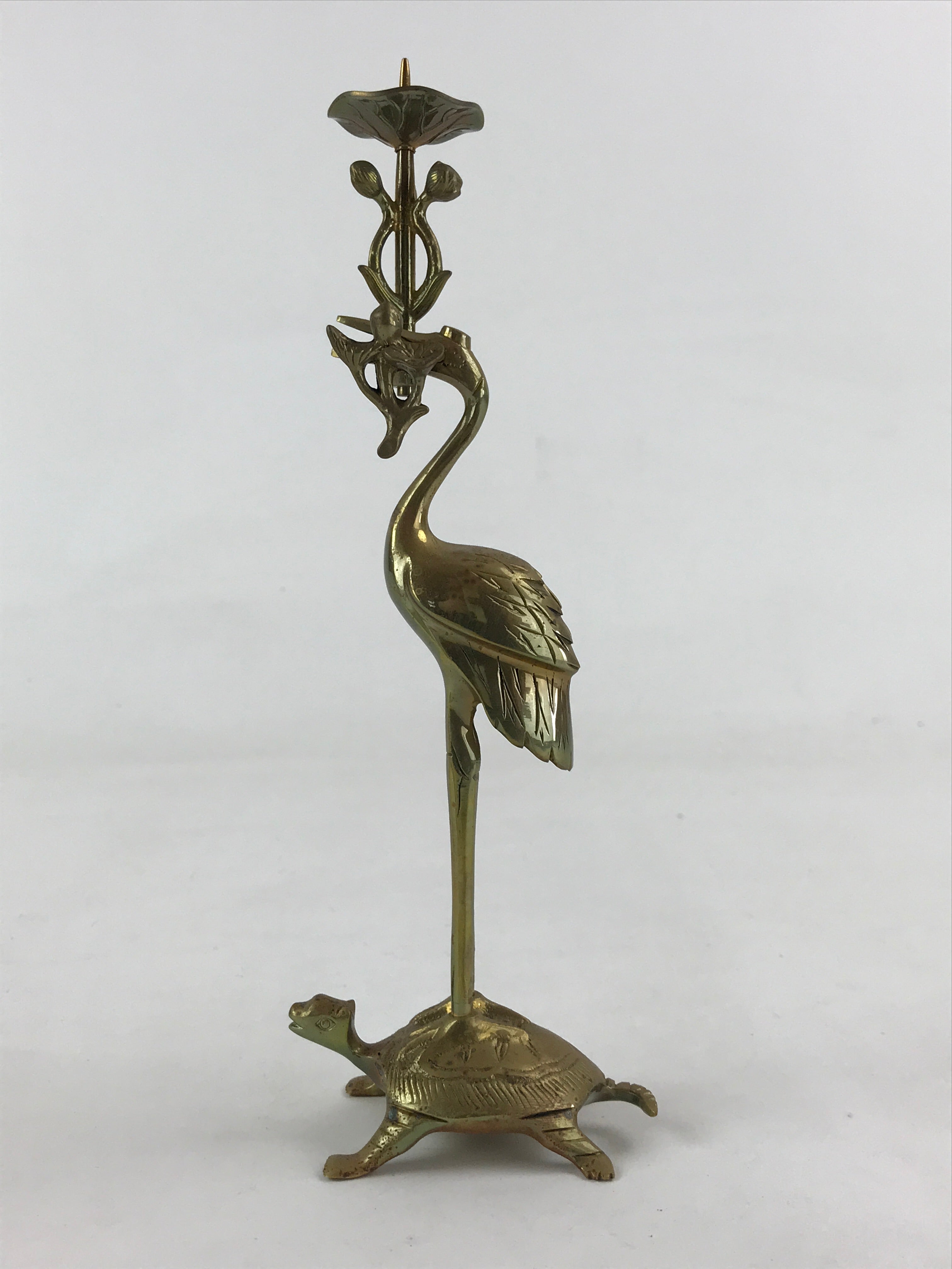 Japanese Buddhist Altar Fitting Brass Crane Shokudai Vtg Candlestick Gold BD923