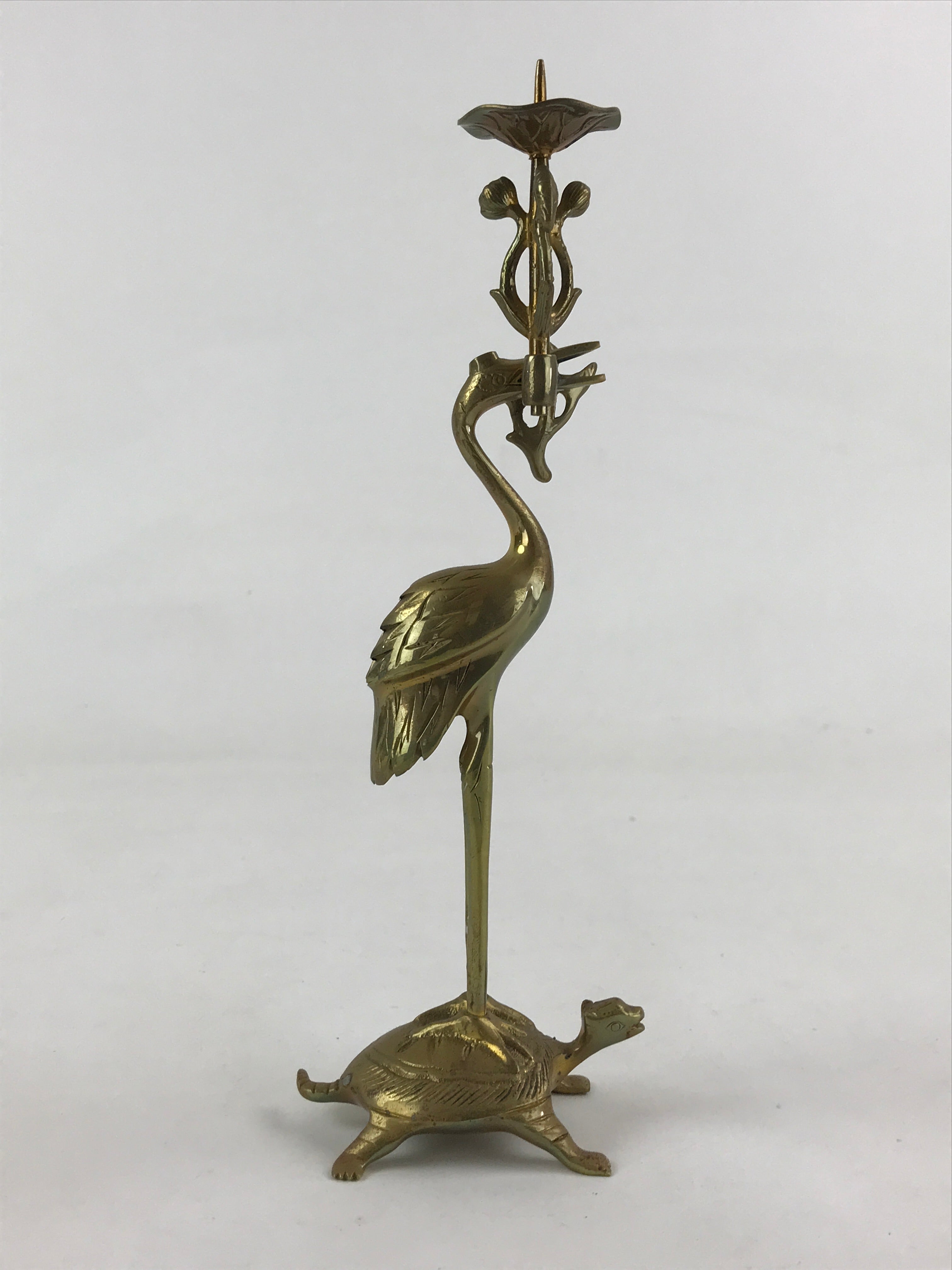 Japanese Buddhist Altar Fitting Brass Crane Shokudai Vtg Candlestick Gold BD923