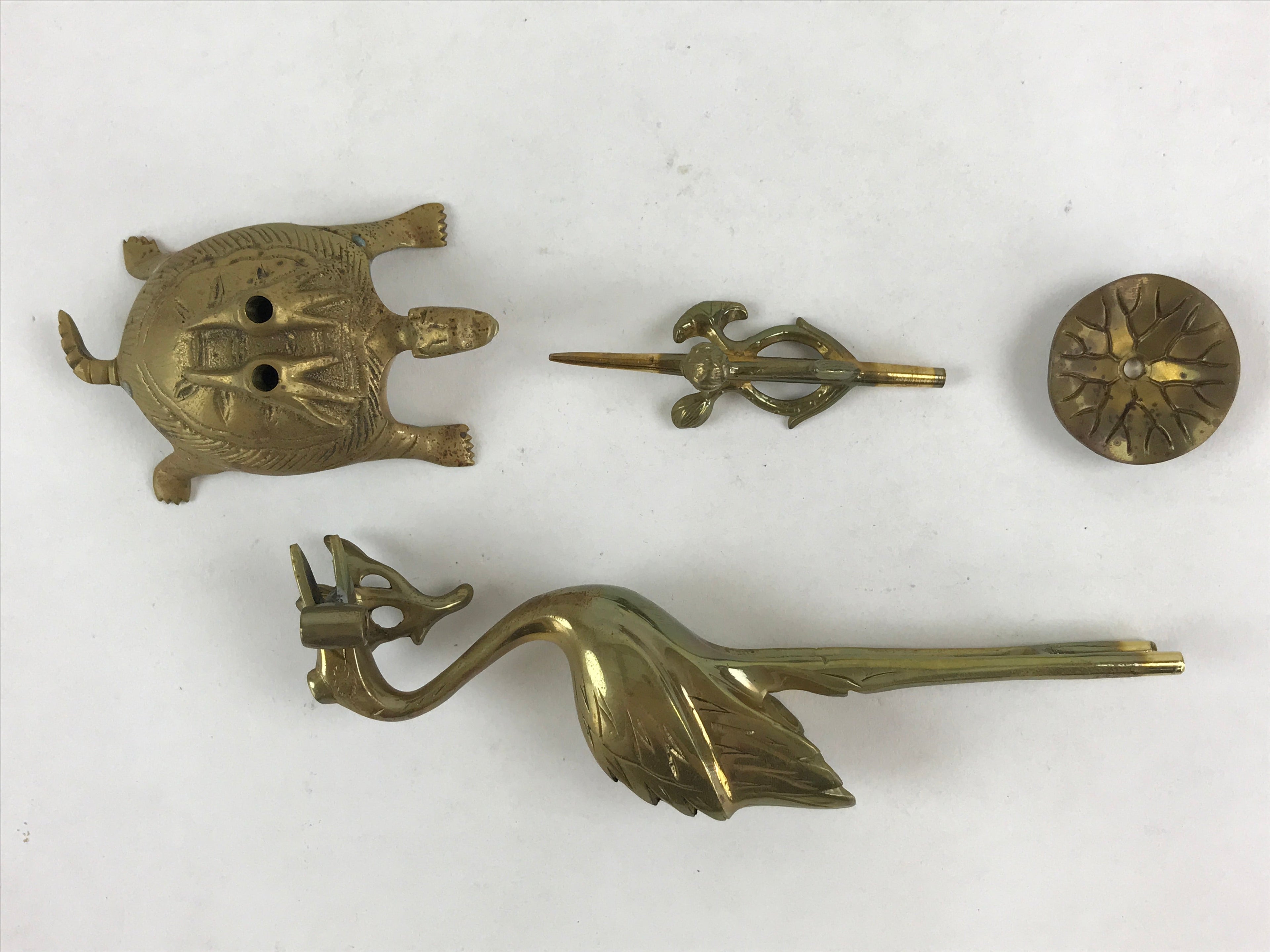 Japanese Buddhist Altar Fitting Brass Crane Shokudai Vtg Candlestick Gold BD923
