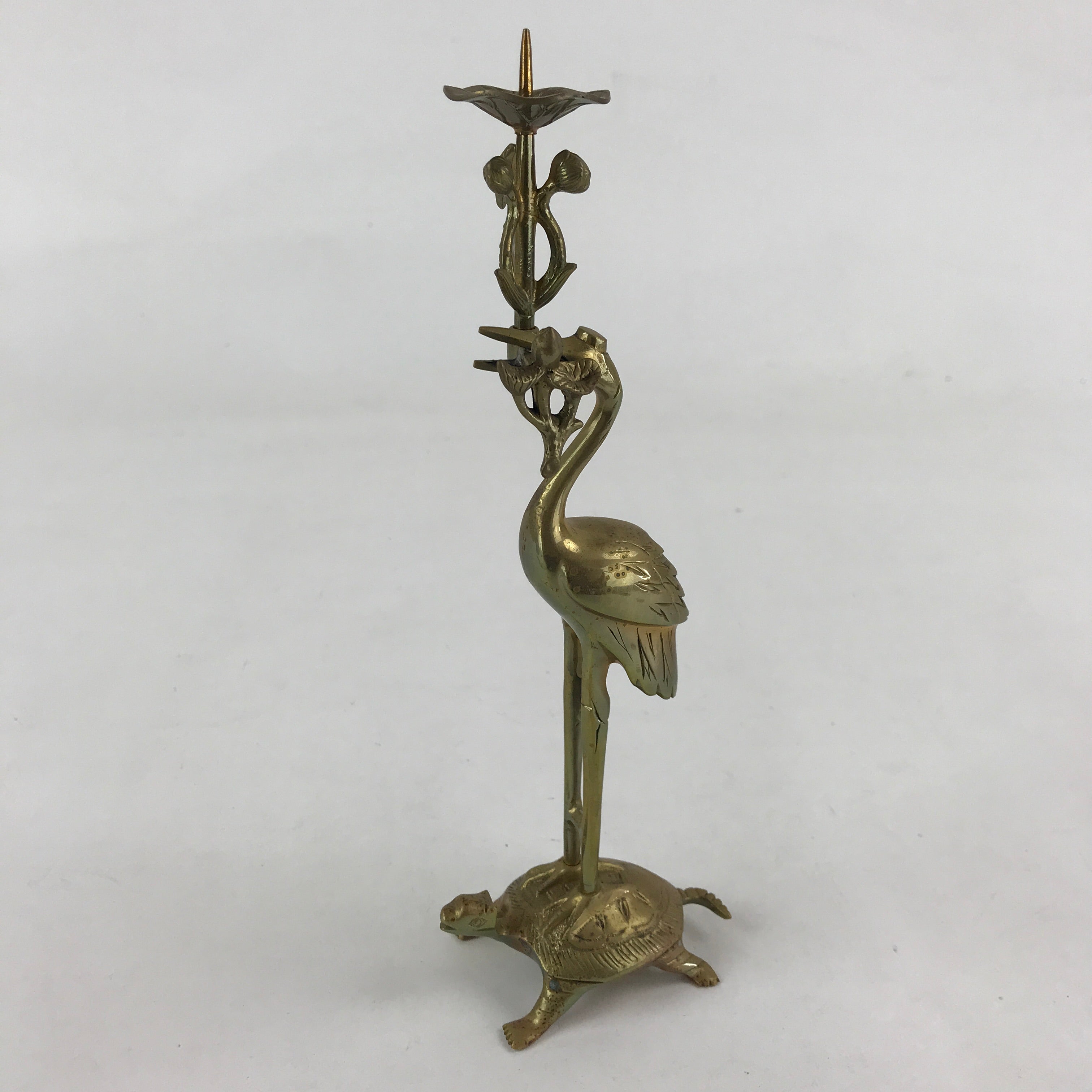 Japanese Buddhist Altar Fitting Brass Crane Shokudai Vtg Candlestick Gold BD923