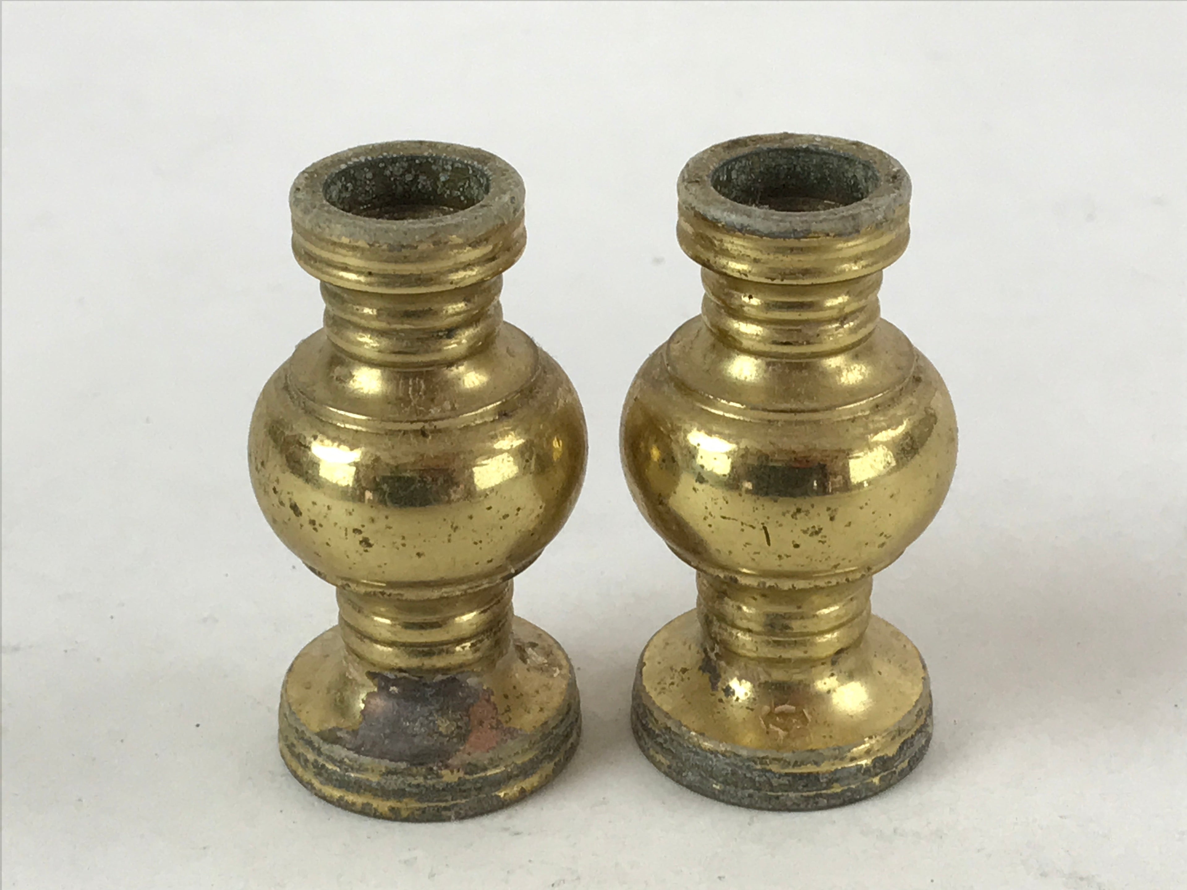 Japanese Buddhist Altar Fitting Brass Flower Vase Vtg 2pc Set Butsugu Gold BA110