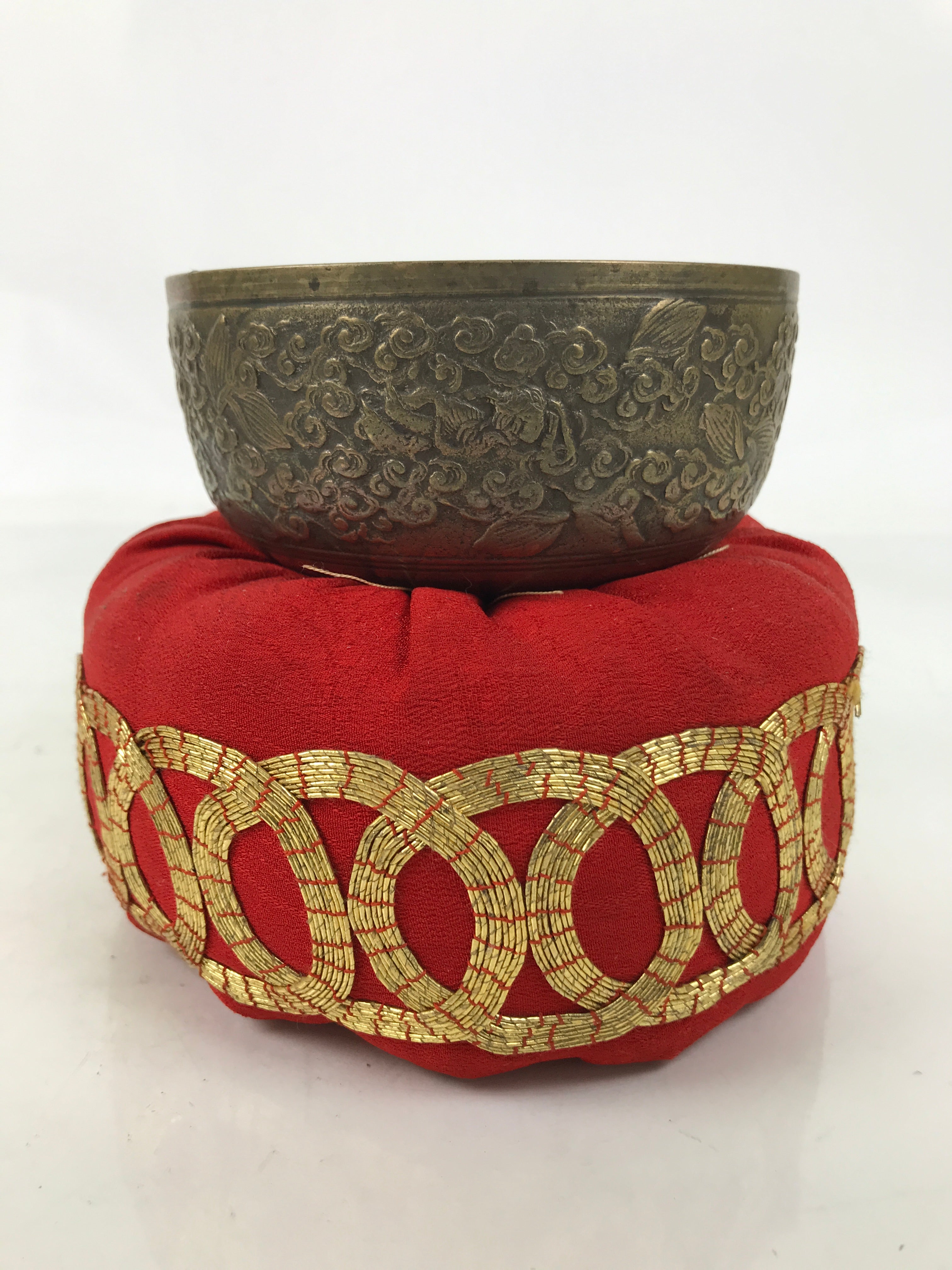 Japanese Buddhist Altar Fitting Brass Orin Bell Vtg Singing Bowl Pillow BA754