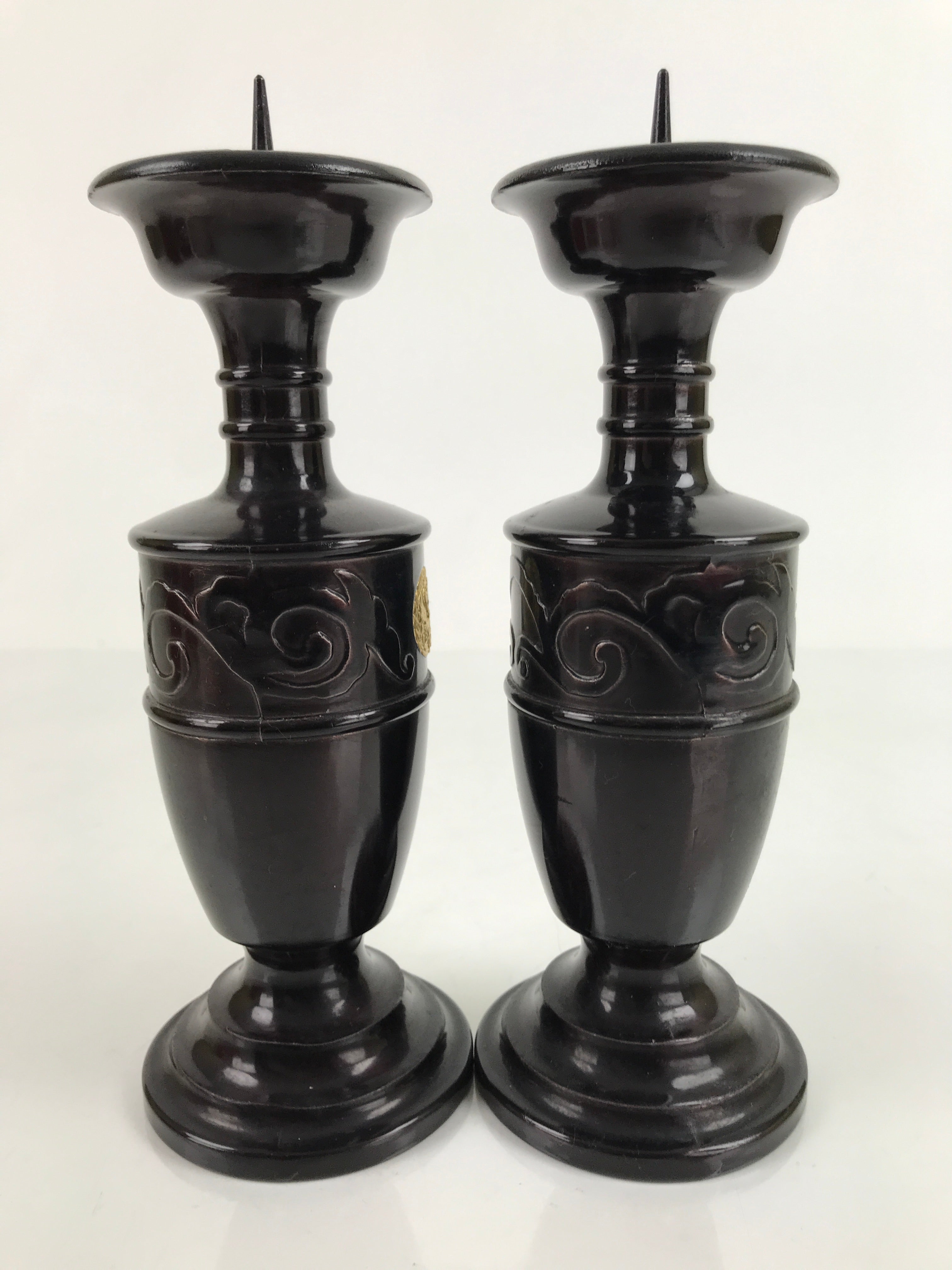 Japanese Buddhist Altar Fitting Bronze Candle Stand Vtg Large Shokudai 2pc BA325