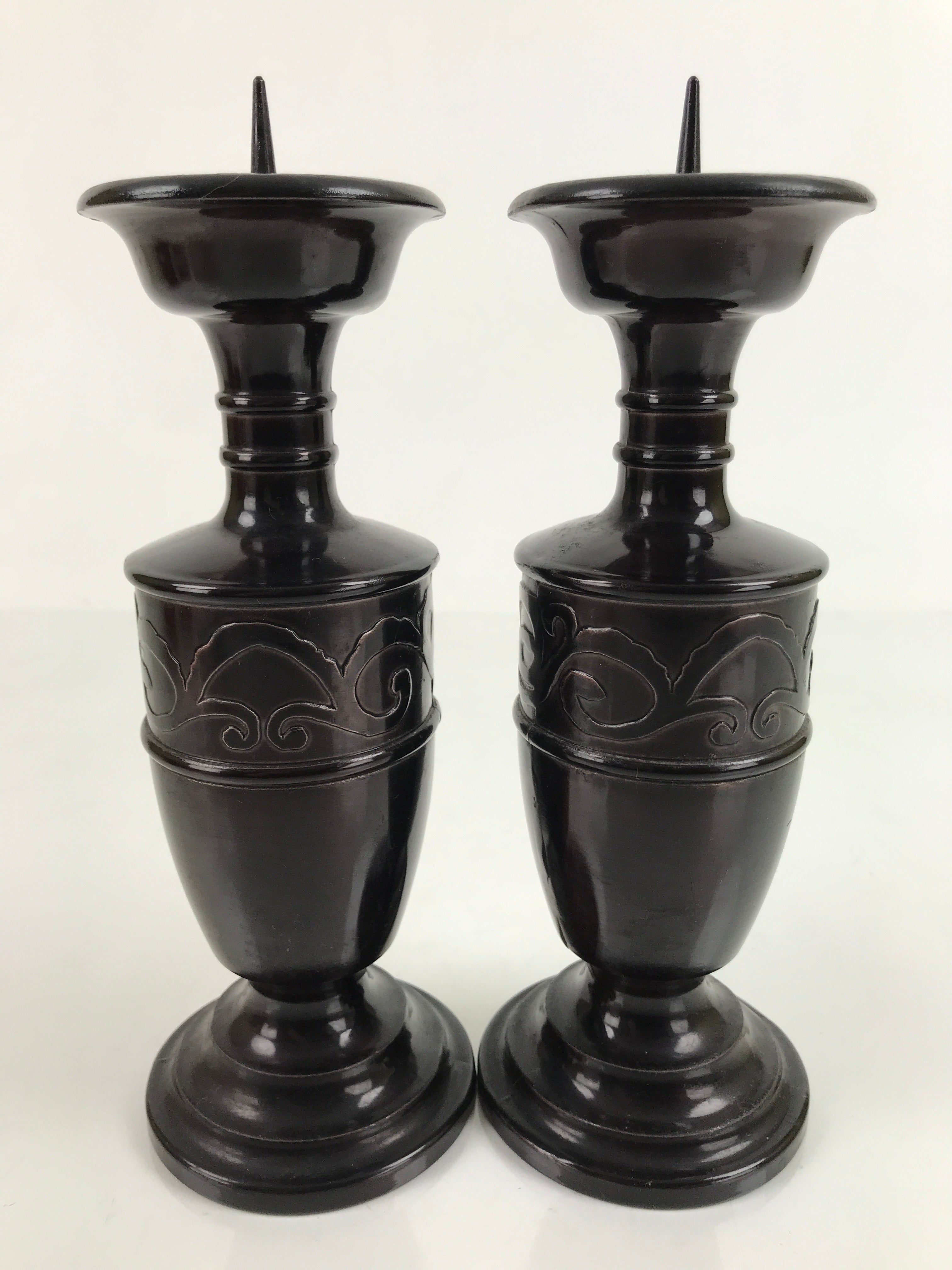 Japanese Buddhist Altar Fitting Bronze Candle Stand Vtg Large Shokudai 2pc BA325