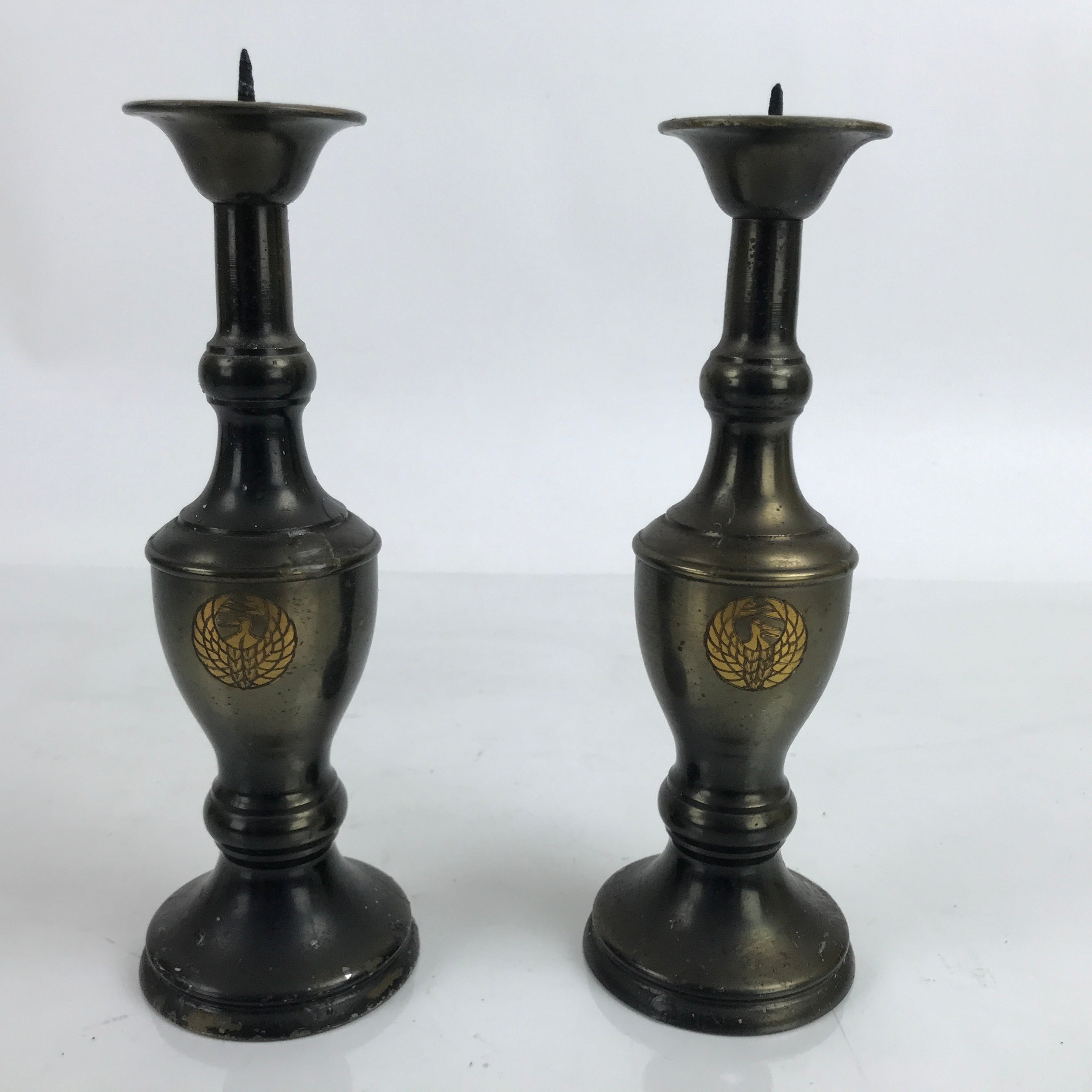 Japanese Buddhist Altar Fitting Bronze Candle Stand Vtg Large Shokudai 2pc BA385