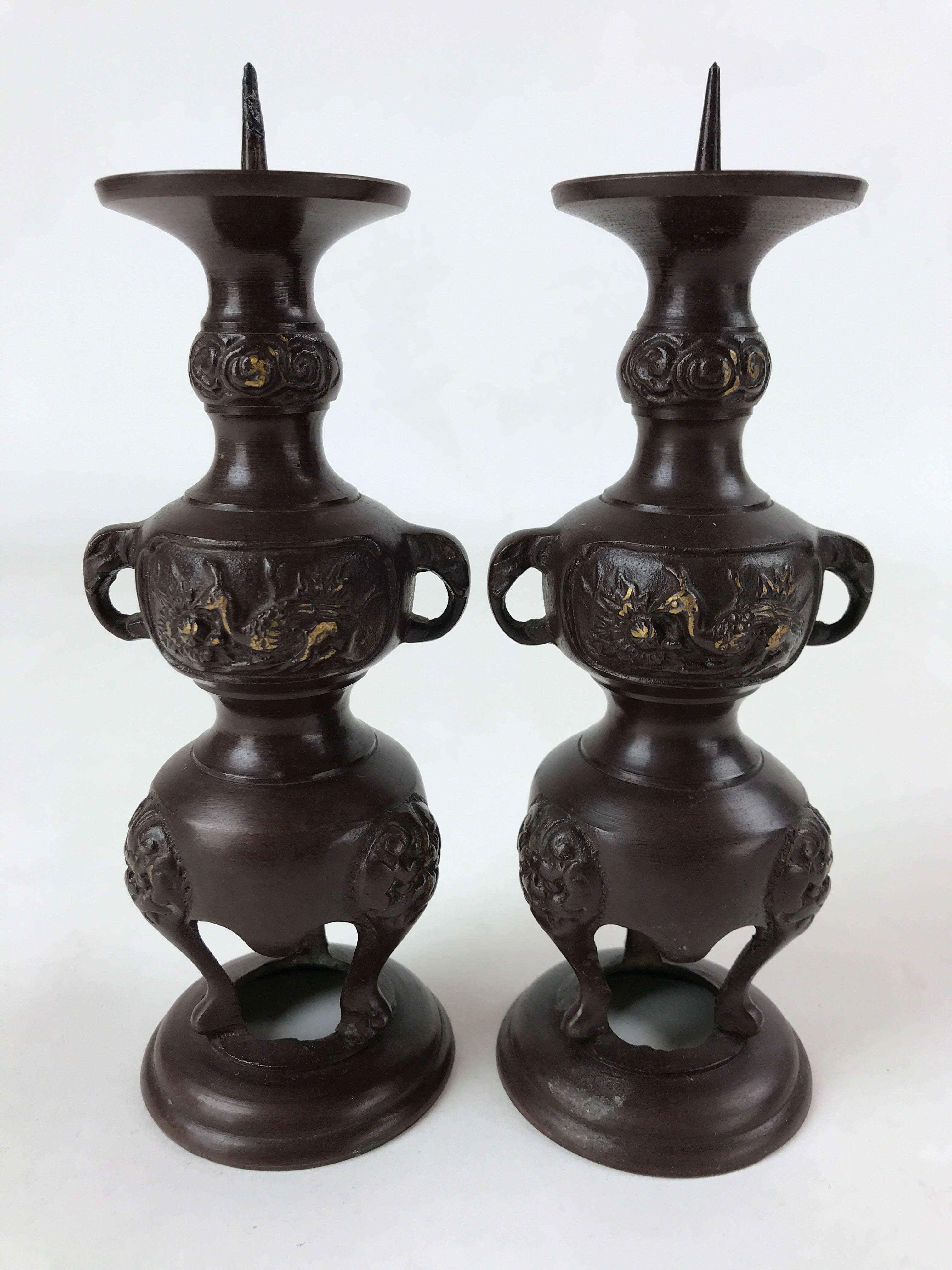 Japanese Buddhist Altar Fitting Bronze Candle Stand Vtg Shokudai 2pc BA208