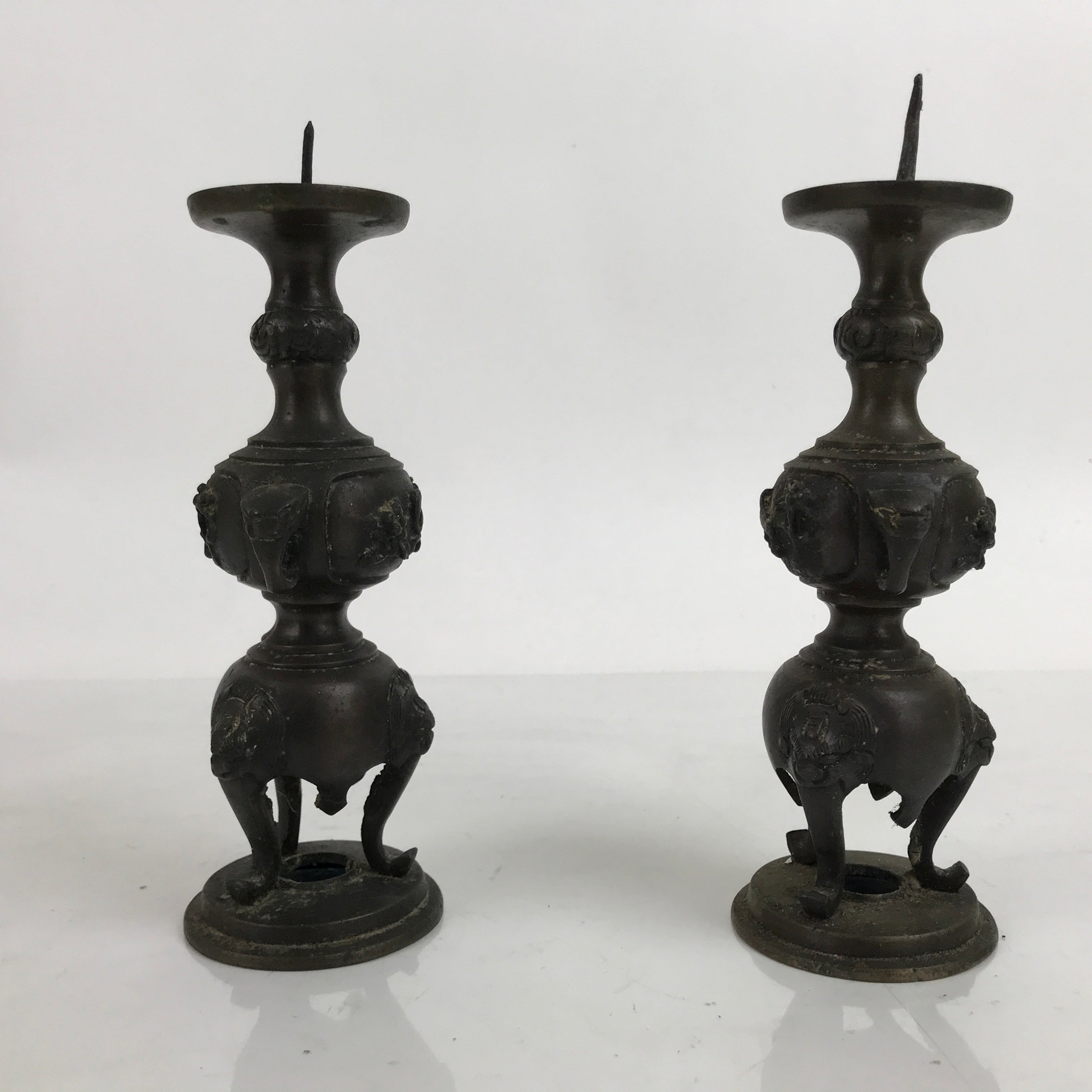 Japanese Buddhist Altar Fitting Bronze Candle Stand Vtg Shokudai 2pc Birds BA386