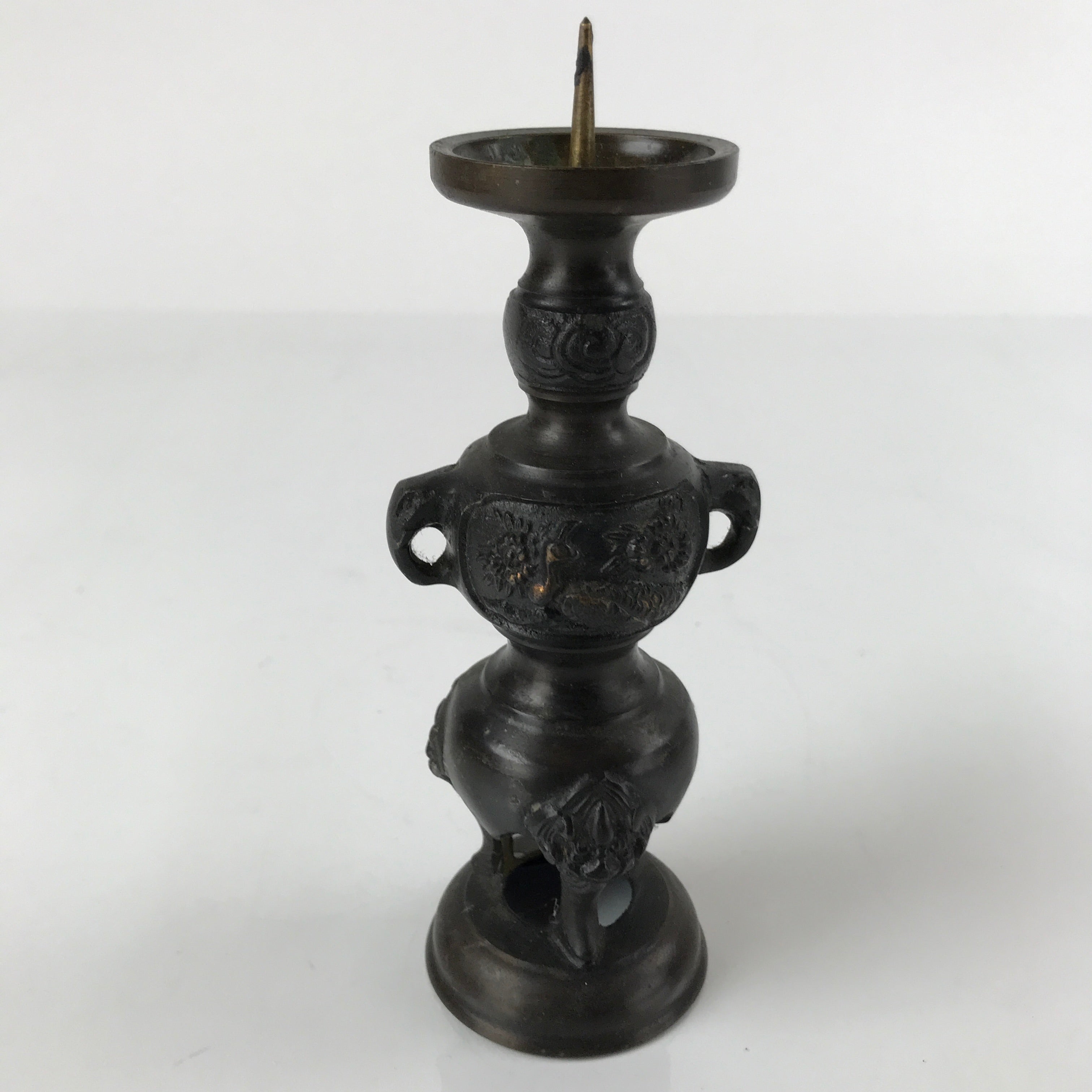 Japanese Buddhist Altar Fitting Bronze Candle Stand Vtg Shokudai Brown BA273