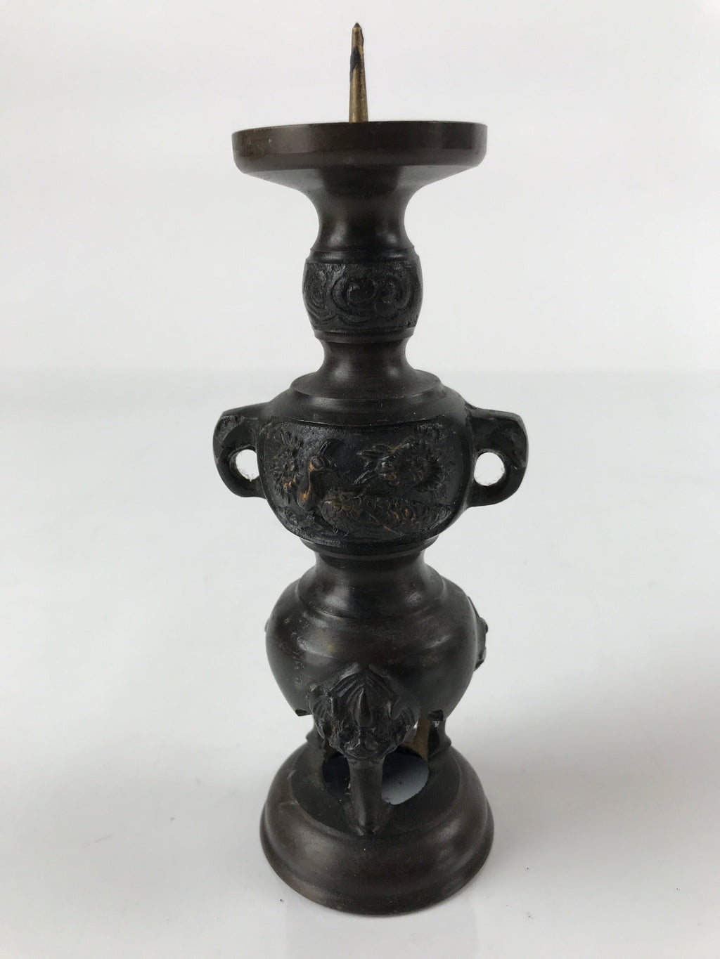 Japanese Buddhist Altar Fitting Bronze Candle Stand Vtg Shokudai Brown BA273