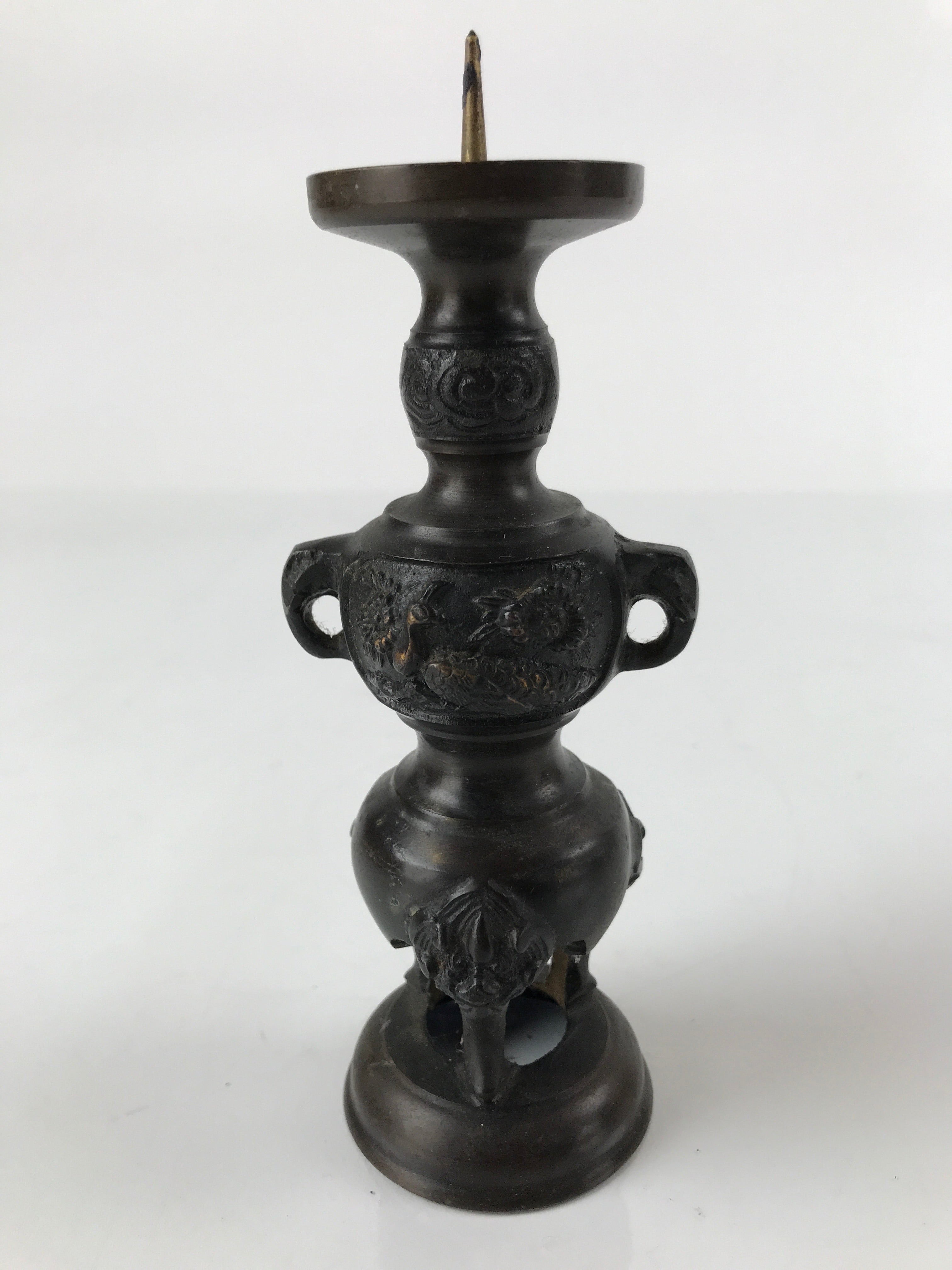 Japanese Buddhist Altar Fitting Bronze Candle Stand Vtg Shokudai Brown BA273