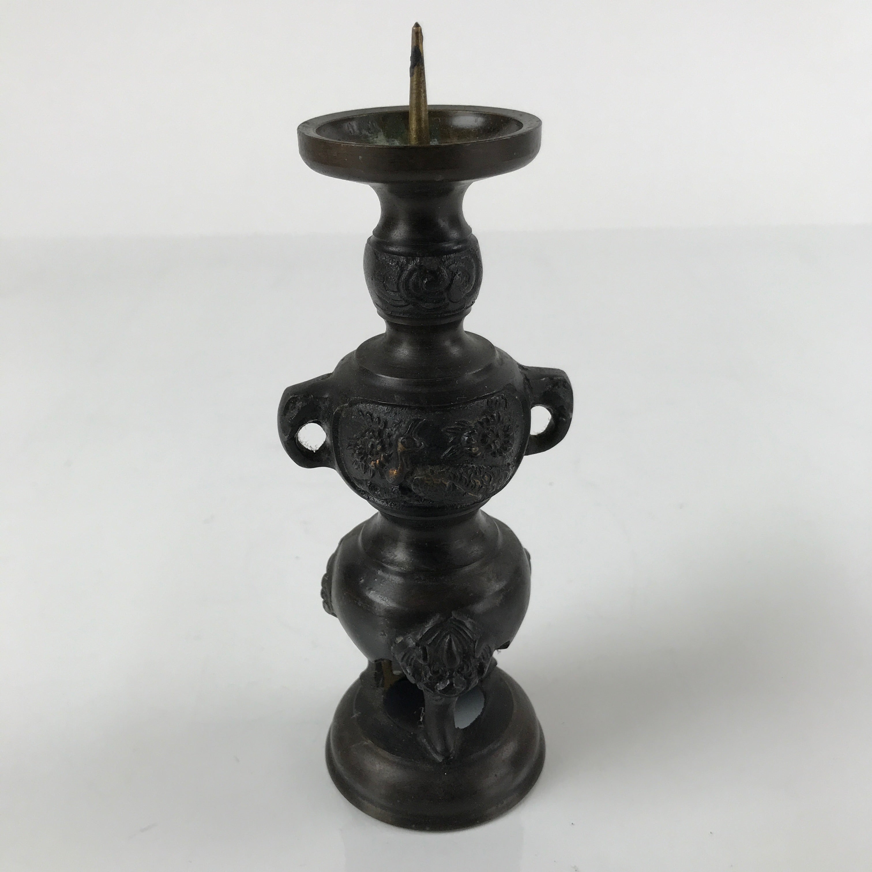 Japanese Buddhist Altar Fitting Bronze Candle Stand Vtg Shokudai Brown BA273