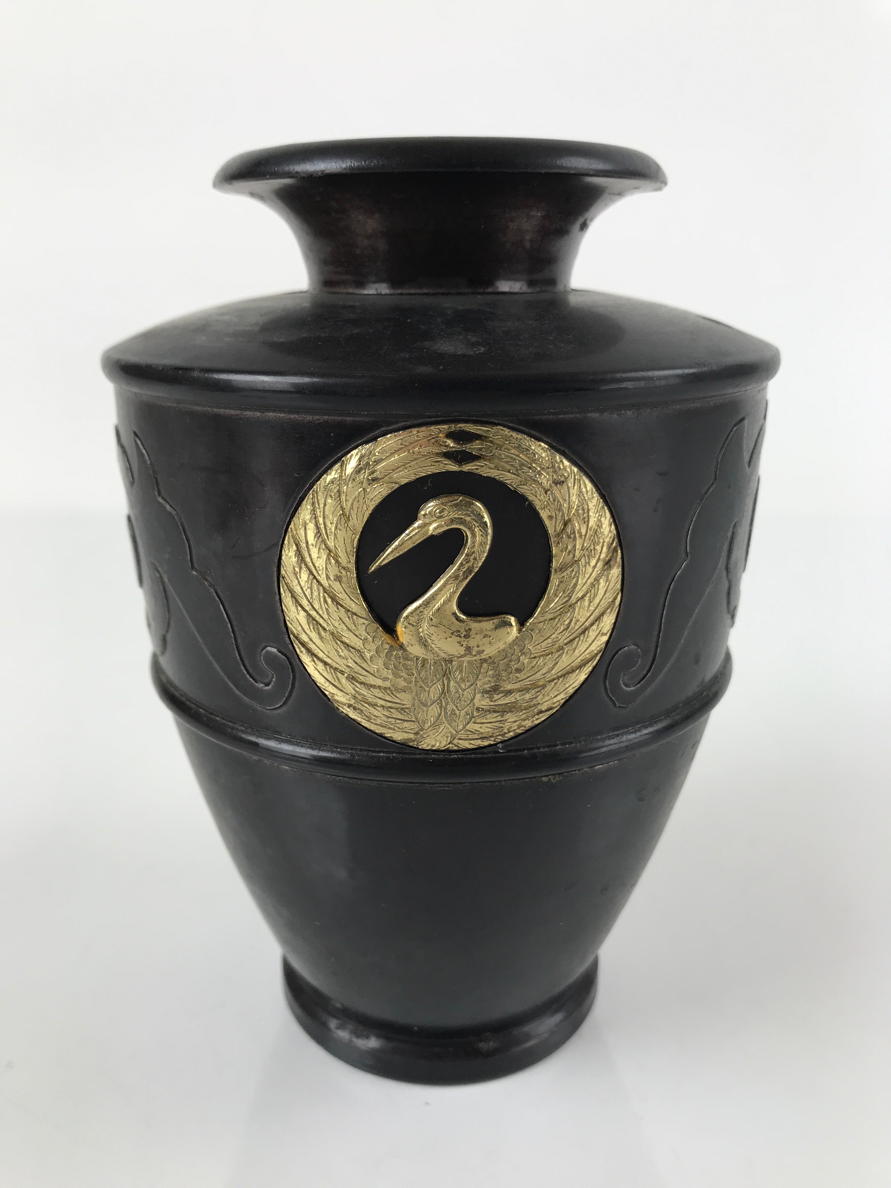 Japanese Buddhist Altar Fitting Bronze Flower Vase Vtg Butsugu Crane Brown BA278