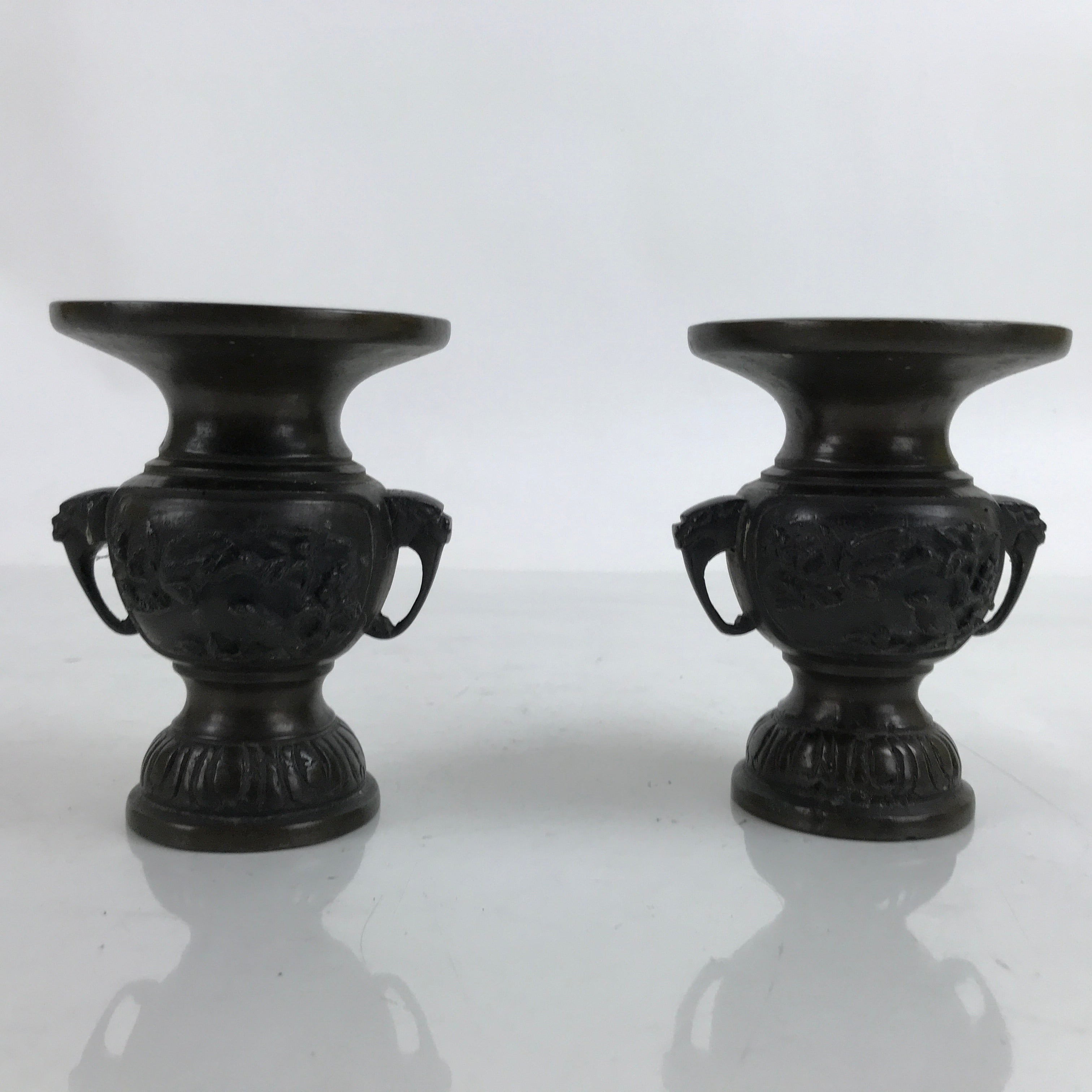 Japanese Buddhist Altar Fitting Bronze Flower Vase Vtg Hanatate Bird 2pc BA399