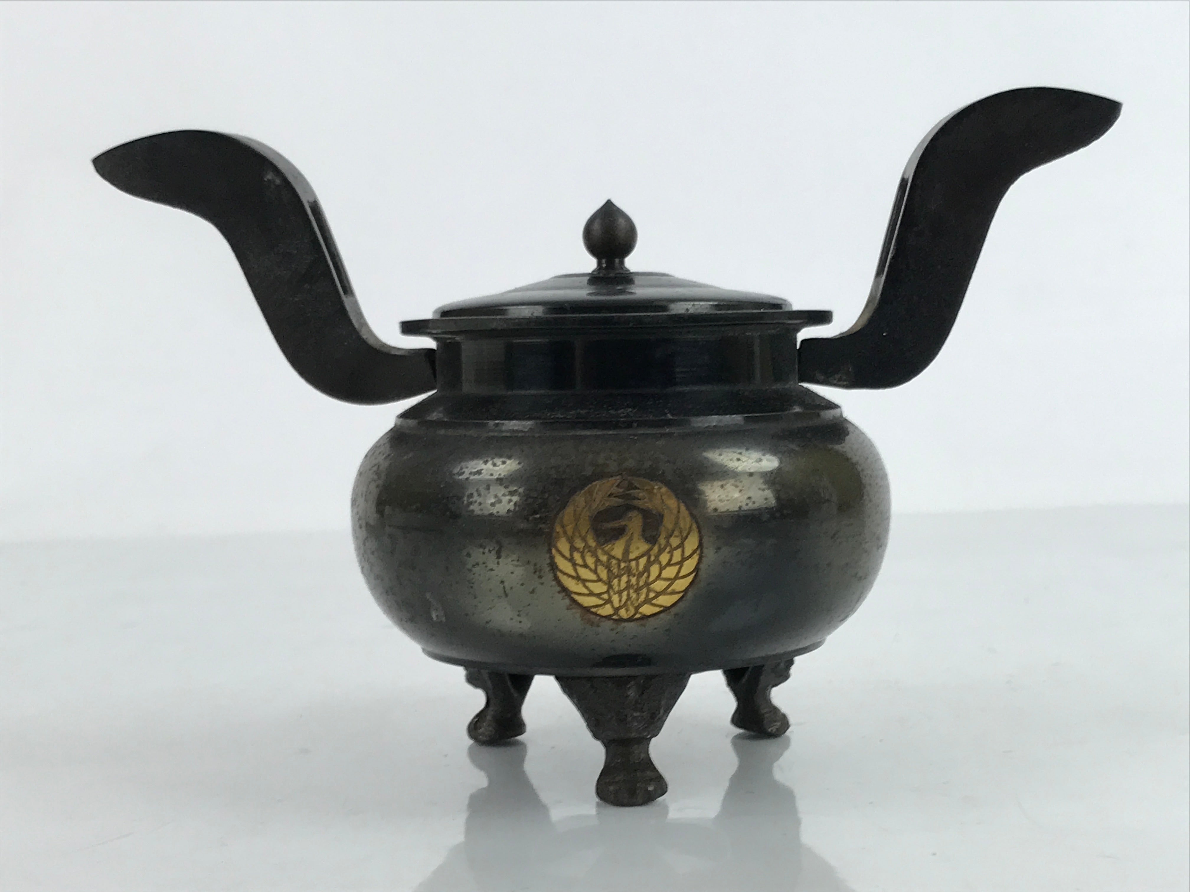 Japanese Buddhist Altar Fitting Bronze Incense Burner Vtg Koro Black Crane BA401