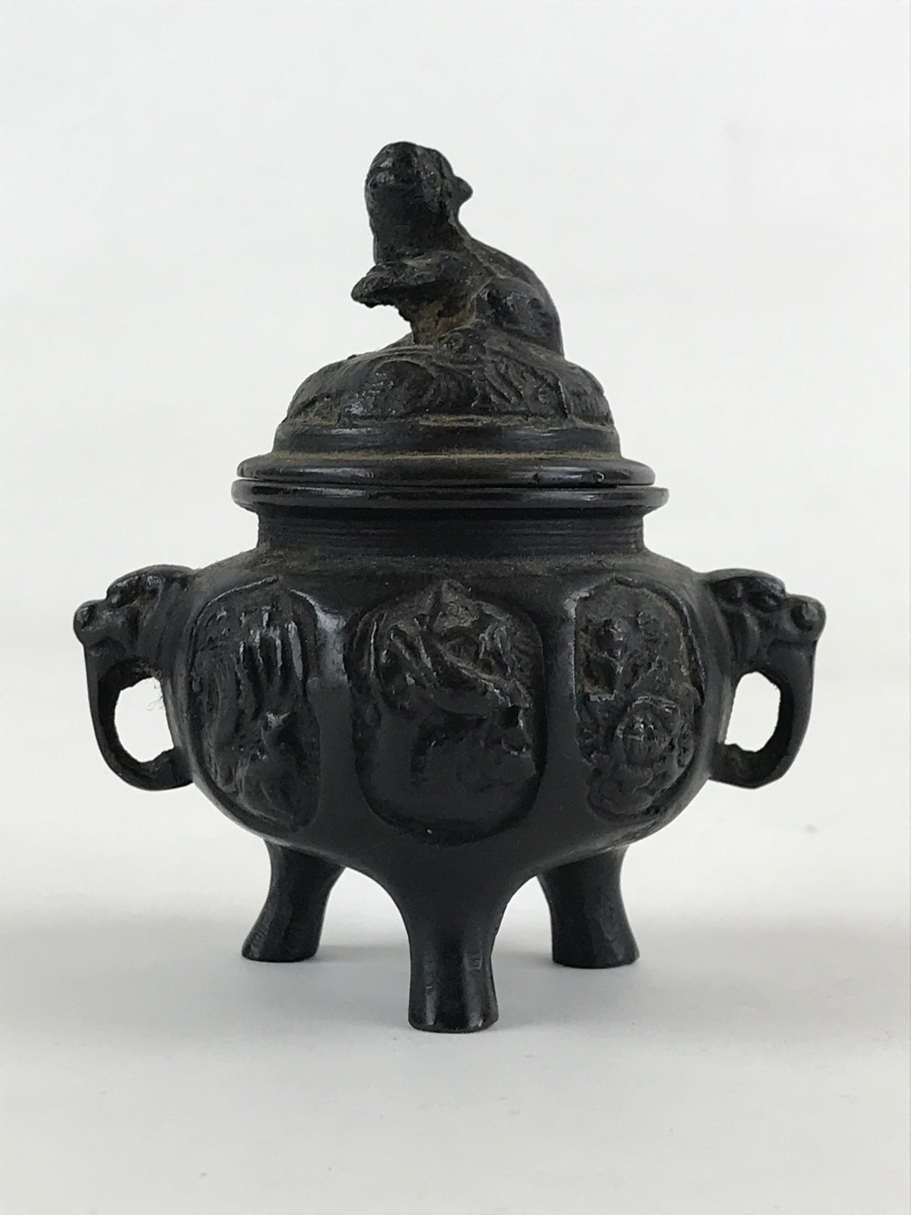 Japanese Buddhist Altar Fitting Bronze Incense Burner Vtg Koro Black Shisa BA68