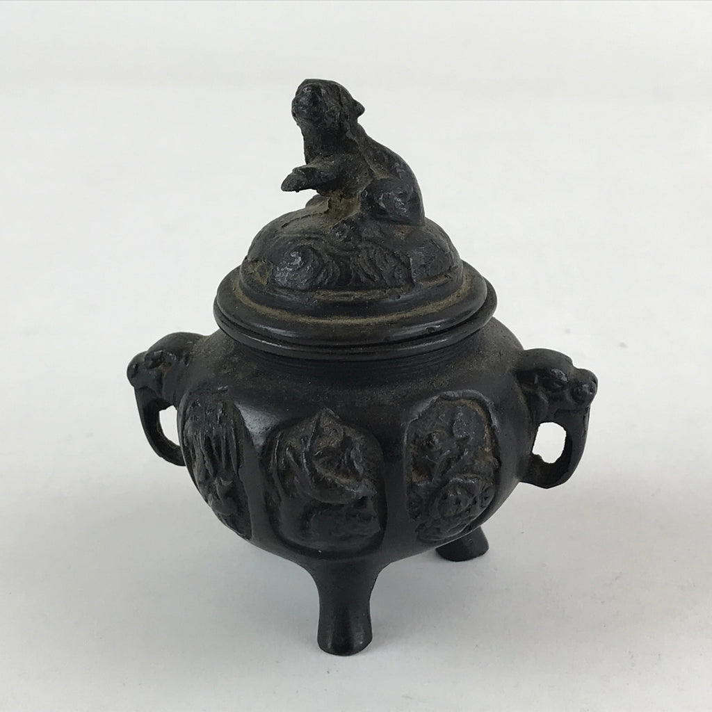 Japanese Buddhist Altar Fitting Bronze Incense Burner Vtg Koro Black Shisa BA68