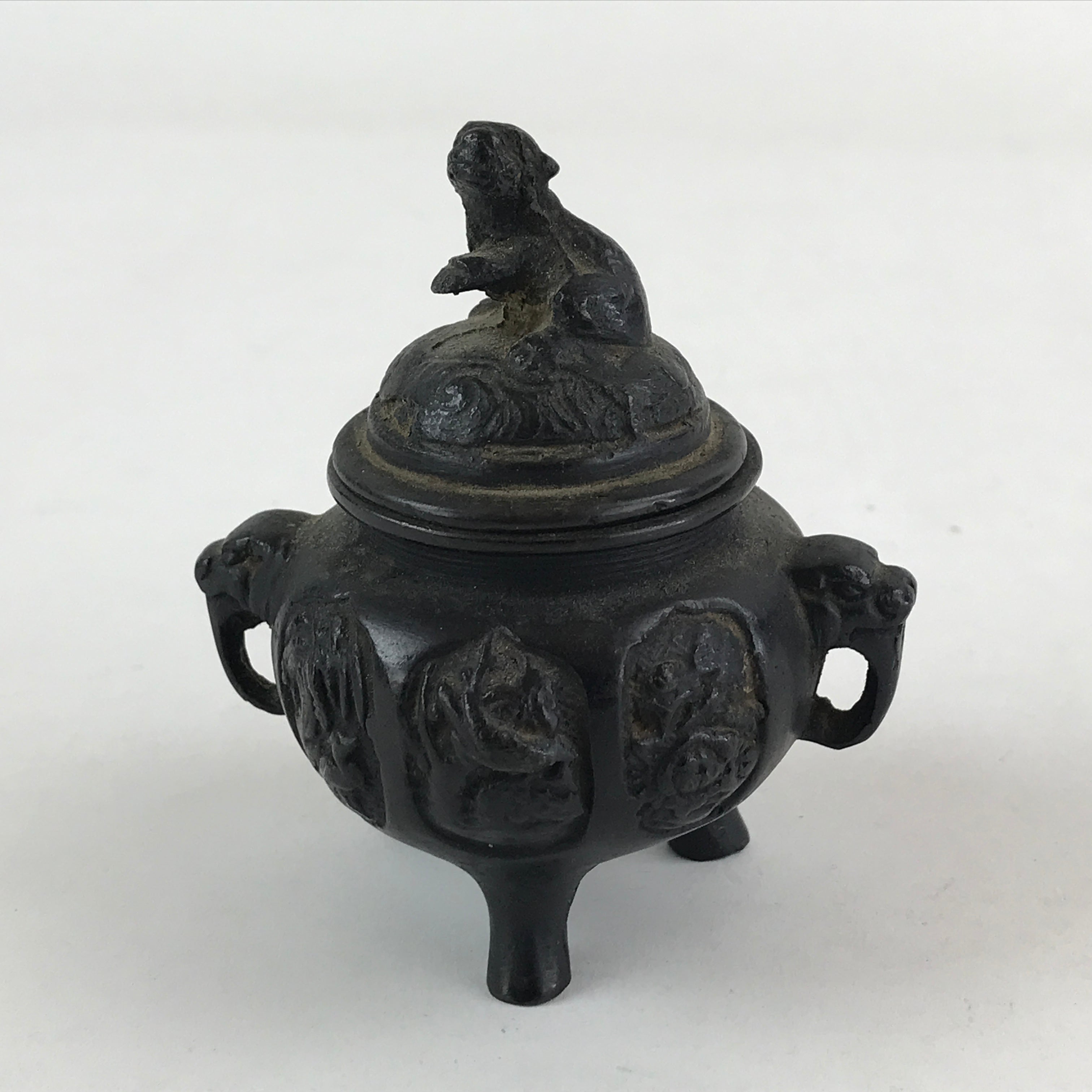 Japanese Buddhist Altar Fitting Bronze Incense Burner Vtg Koro Black Shisa BA68