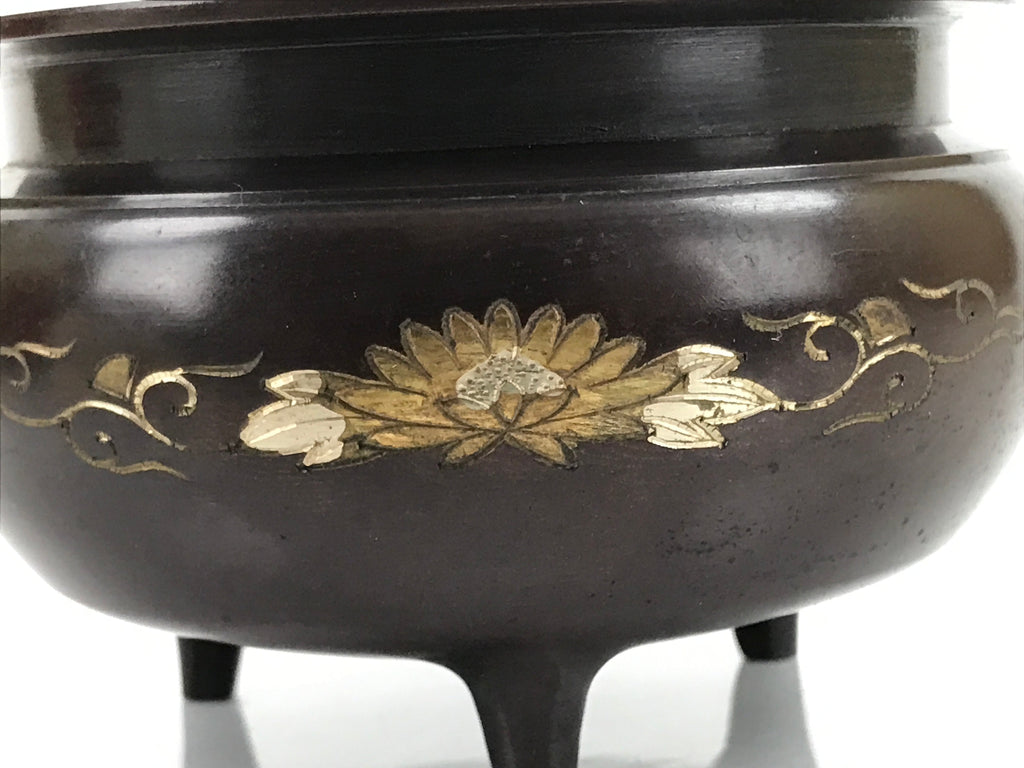 Japanese Buddhist Altar Fitting Bronze Incense Burner Vtg Koro Lotus Brown BA319