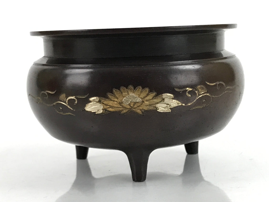 Japanese Buddhist Altar Fitting Bronze Incense Burner Vtg Koro Lotus Brown BA319